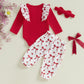 Rtnnsbbfcm Newborn Baby Girl Valentine'S Day Outfit Long Sleeve Ribbed Romper Heart Print Pants Headband 3Pcs Set (Red Bow, 0-3