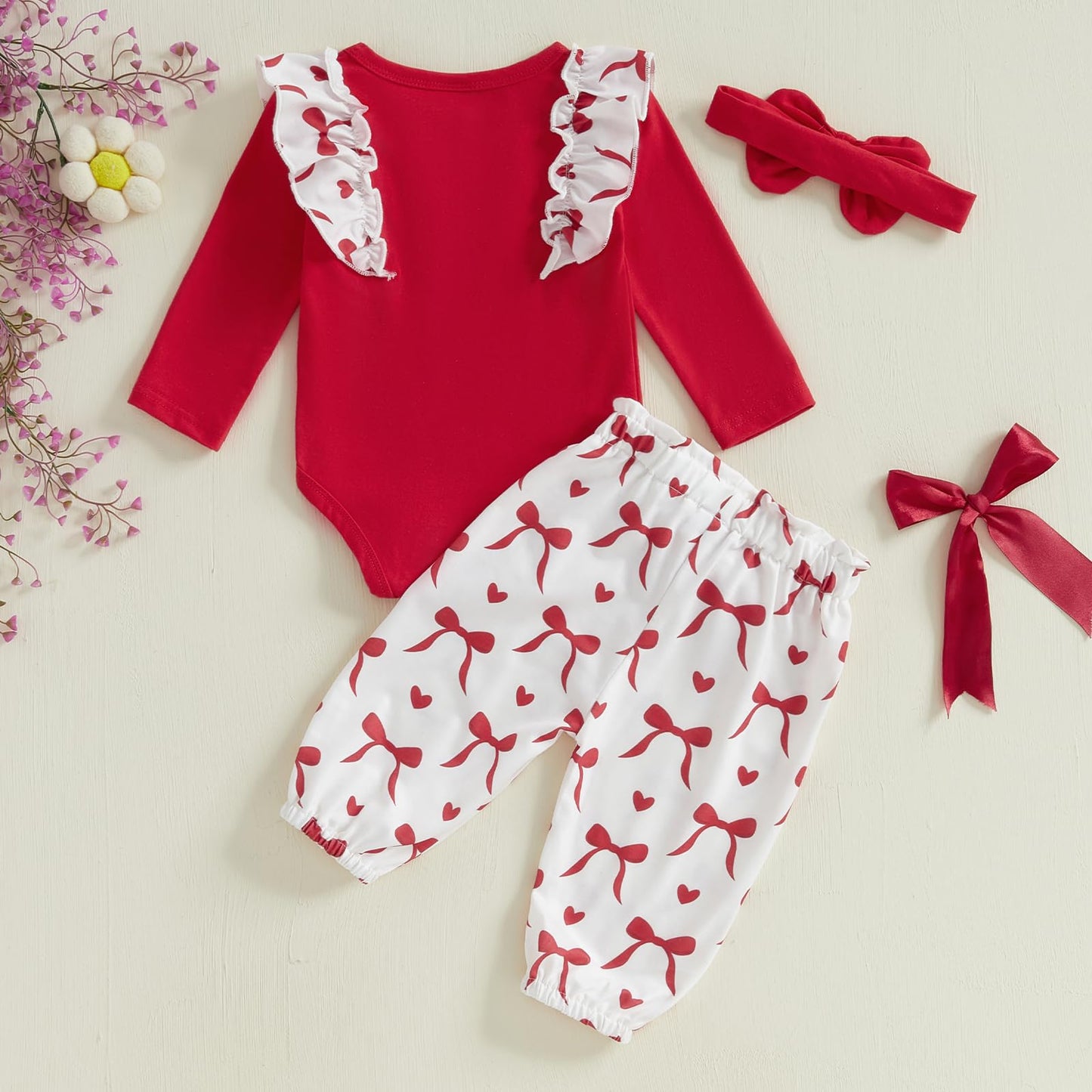 Rtnnsbbfcm Newborn Baby Girl Valentine'S Day Outfit Long Sleeve Ribbed Romper Heart Print Pants Headband 3Pcs Set (Red Bow, 6-9