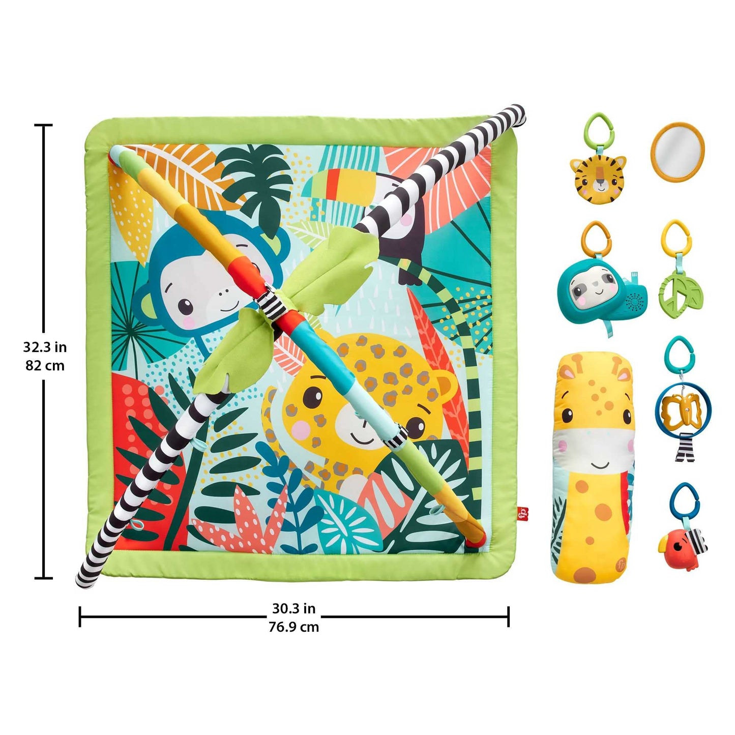 Fisher-Price Baby Playmat 3-In-1 Rainforest Sensory Gym With Music & Lights, Tummy Wedge & 5 Developmental Toys For Newborns 0+
