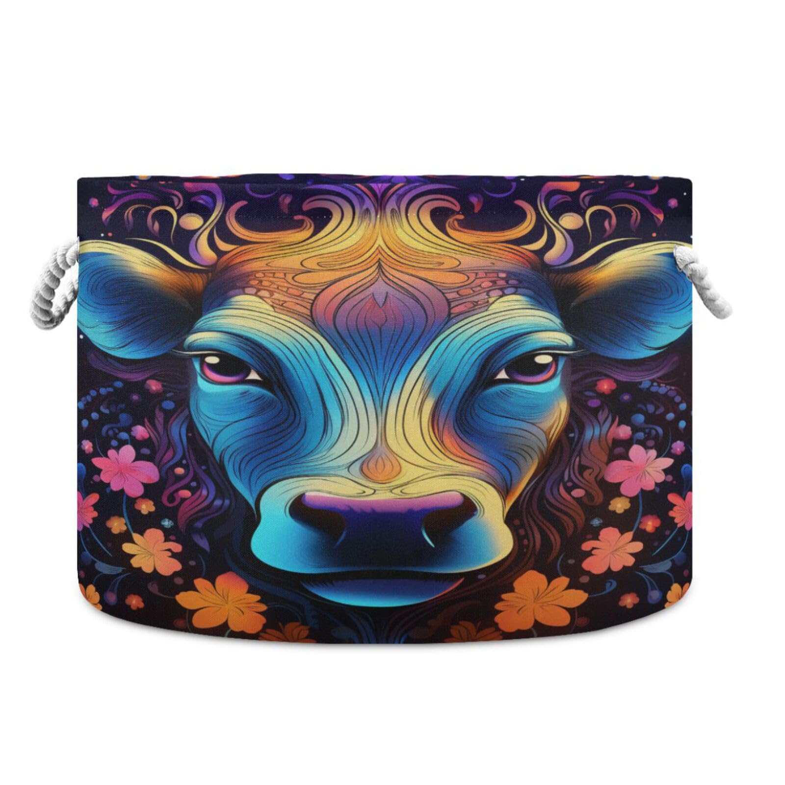 Canvas Storage Organizer Bin, Cute Cow (2) Storage Basket Laundry Hamper with Handle for Clothes Playroom Decor, Large, 20 in Di