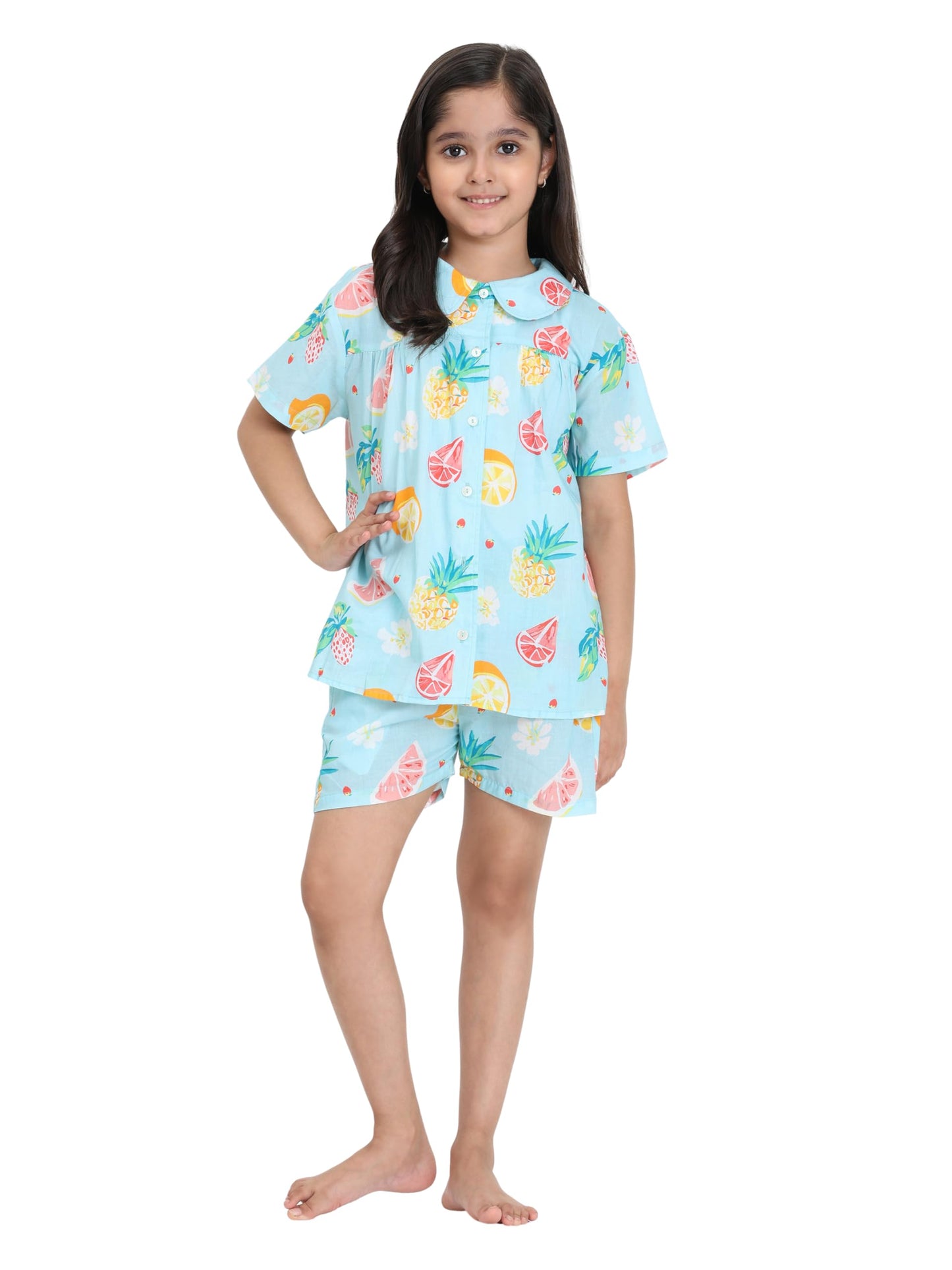 Maaesa Girls Green with Pineapple & Grapefruit Print Cotton Shirt & Coordinating Shorts Set | Night Suit Set | Short Sleeves | C