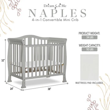Dream On Me Addison 4-In-1 Convertible Mini Crib In Cool Grey, Greenguard Gold Certified, Non-Toxic Finishes, Built Of New Zeala