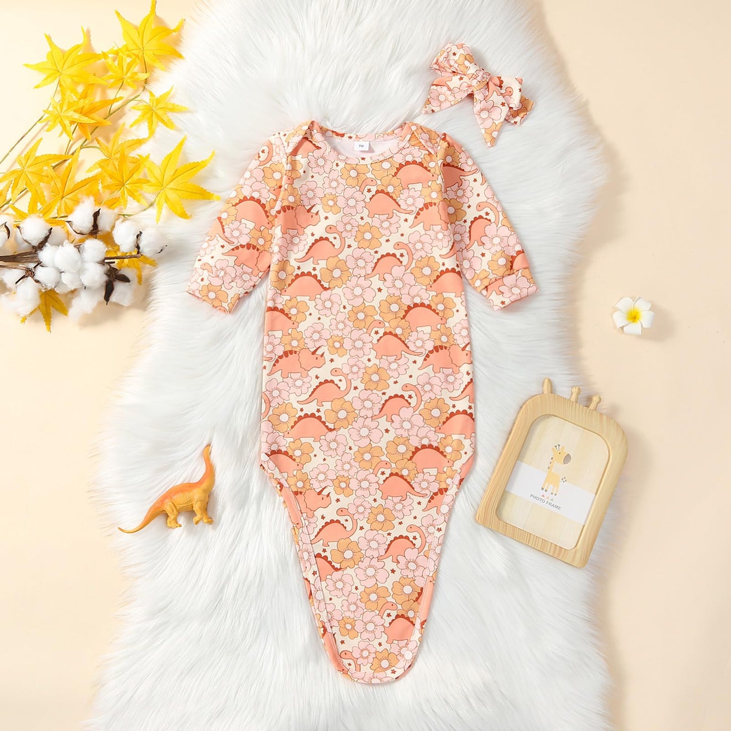 Infant Newborn Baby Girls Floral Sleep Gown Headband Sleepwear Romper Sleeping Bags Outfits (0-3 Months,Floral&Dinosaur)