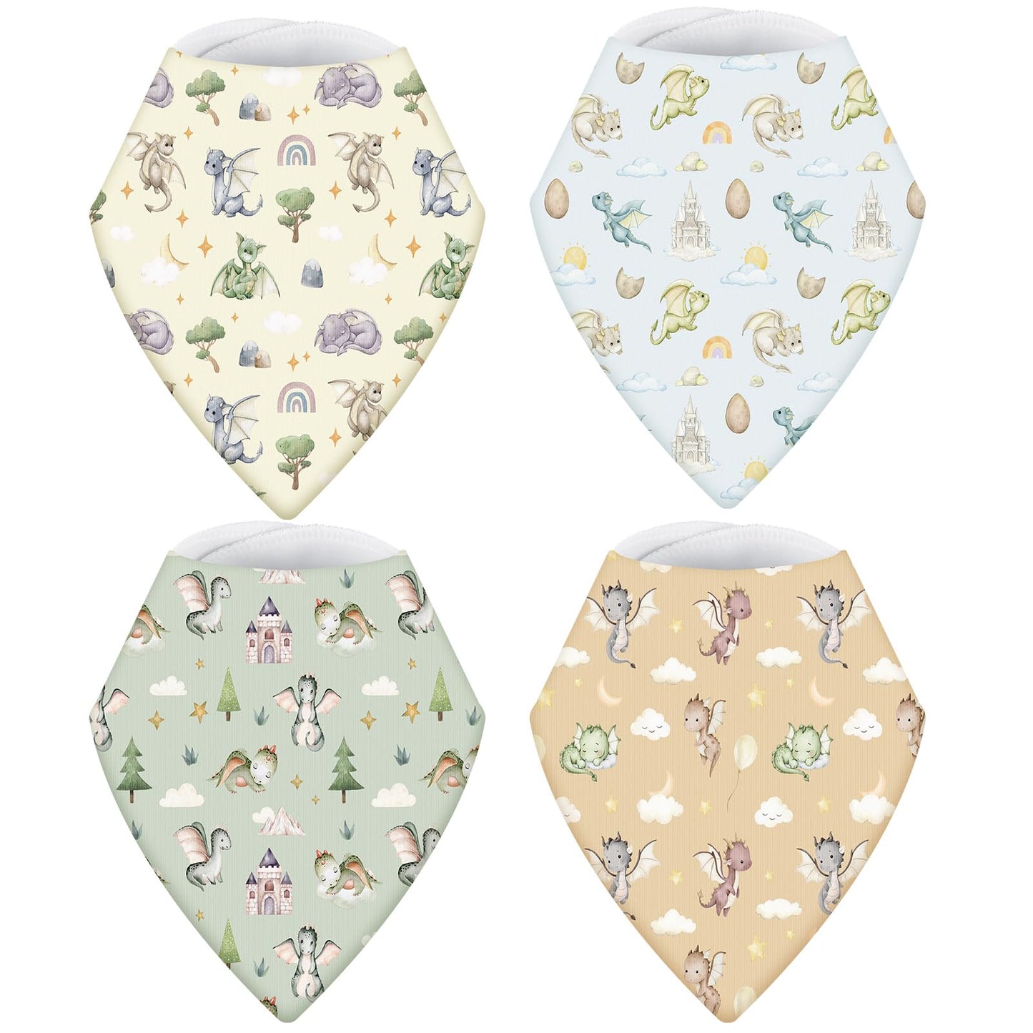 VitalCozy 4 Pcs Watercolor Dragon Baby Bandana Bib Cotton Newborn Infant Feeding Drool Bib for Drooling and Teething Girl Boy