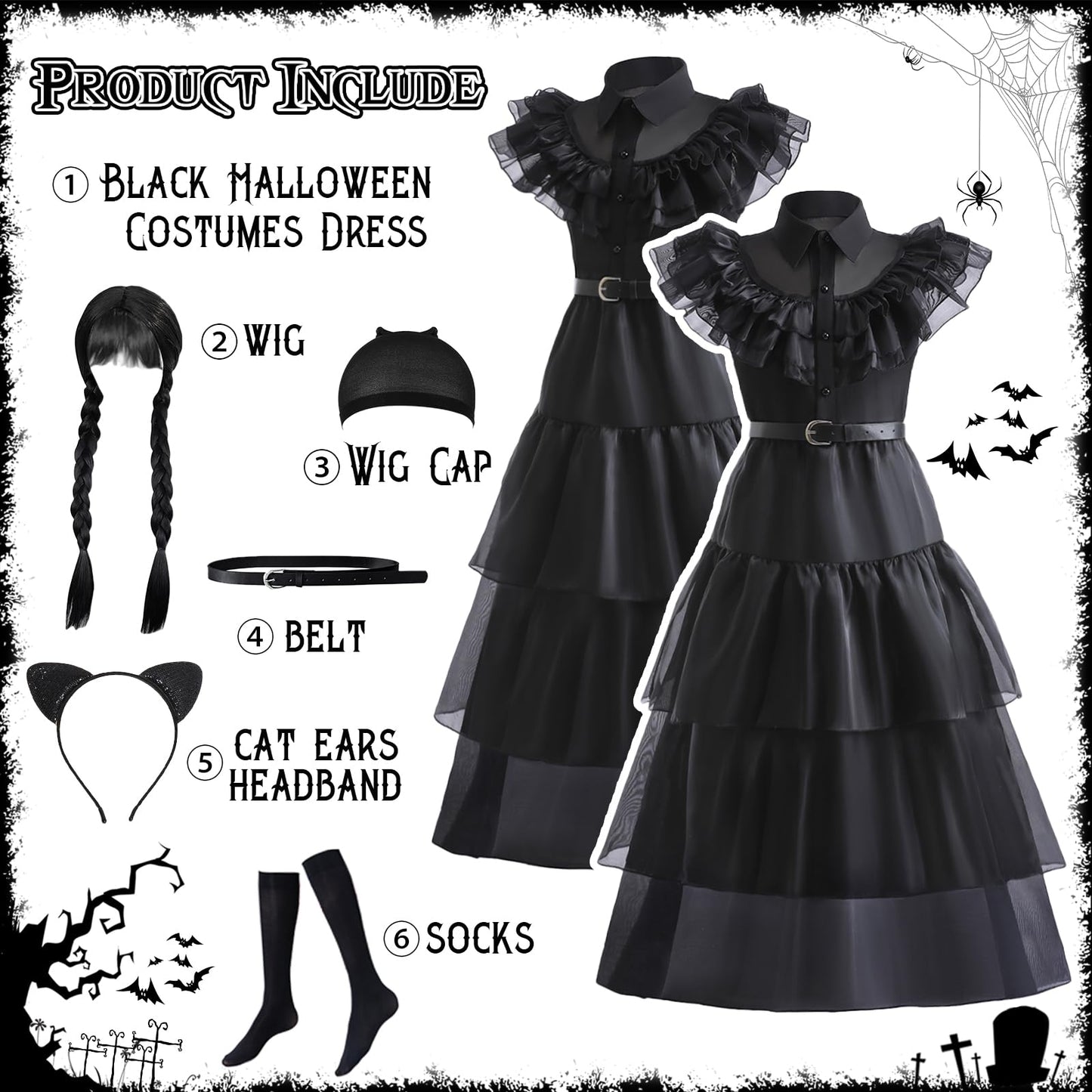 Vorlits Black Halloween Costumes Dress Girls Cosplay Christmas Party With Wigs Belt Socks Cat Ears Headband Wig Cap