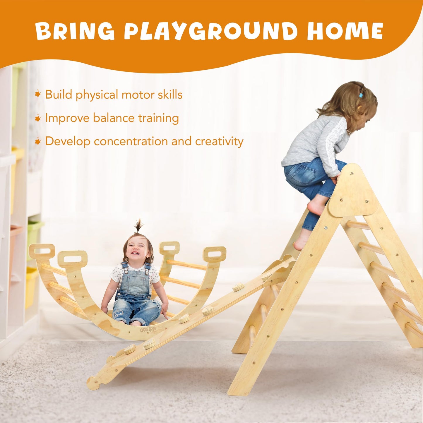 Cozibb Pikler Triangle Set, 5 In 1 Large Wooden Montessori Climbing Toys, Toddlers Indoor Playground, Baby Climbing Set With Ram