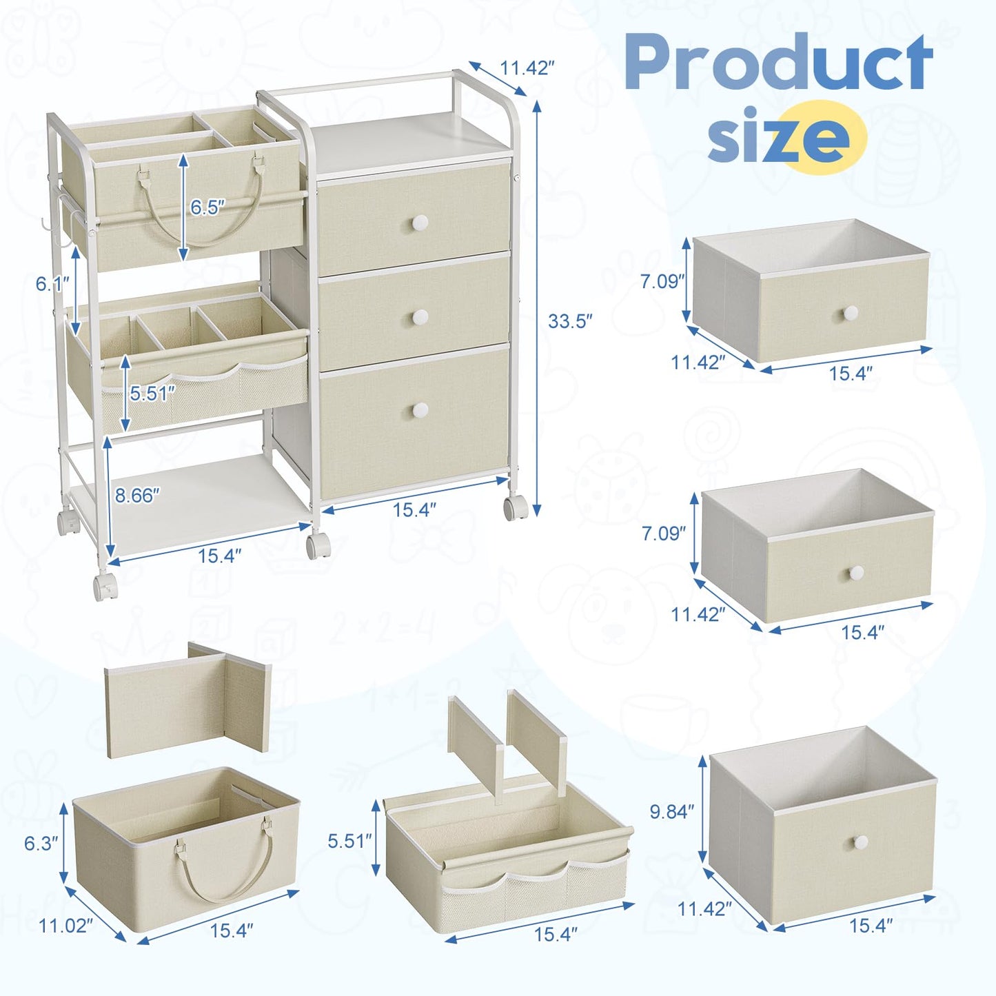 Cidaziya 2In1 Baby Diaper Caddy Organizer and Storage, 3 Tier Rolling Cart with Dividers and Drawers, Mobile Utility Cart Baby D