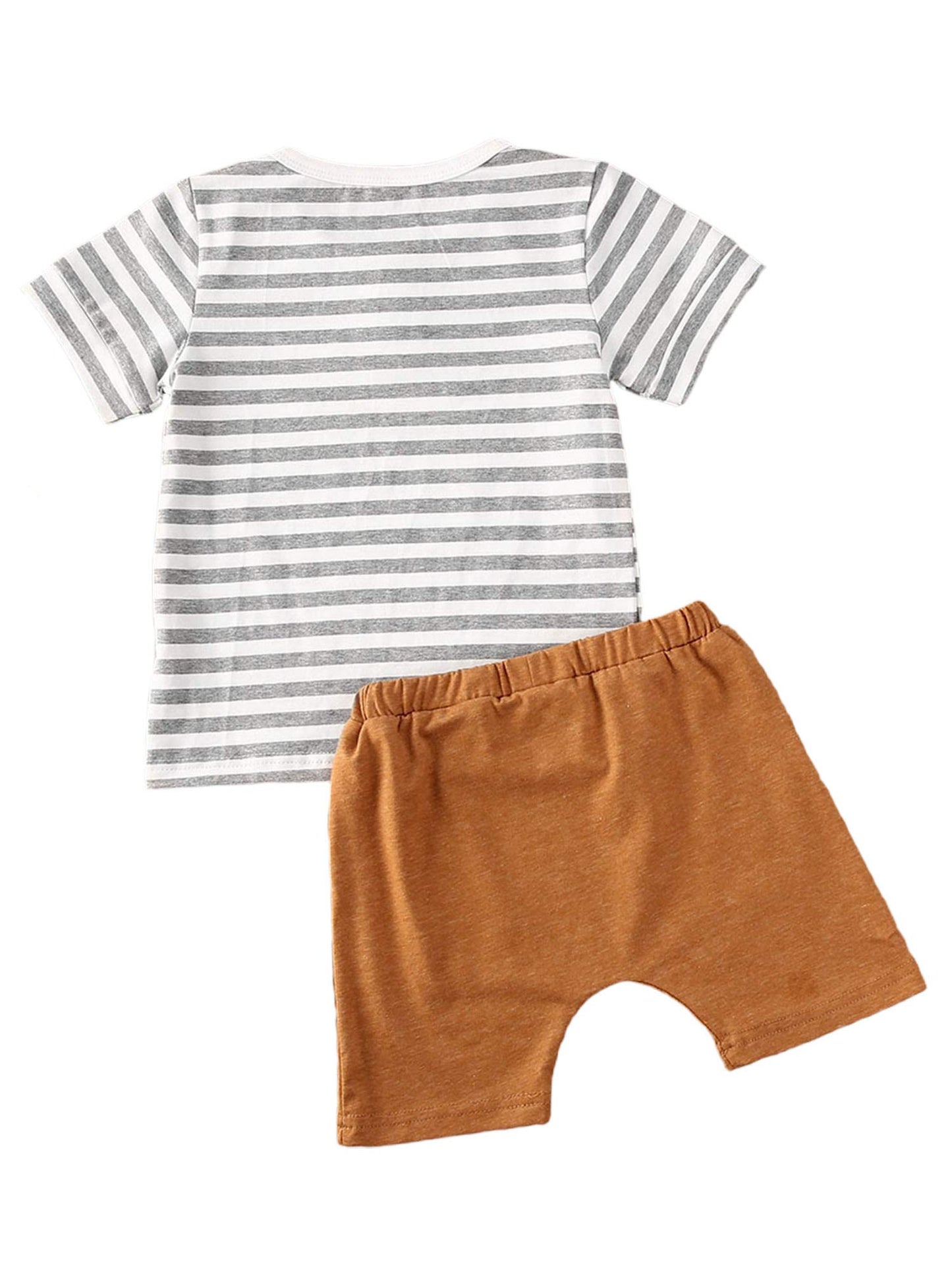 Fhutpw Baby Boys 2Pcs Summer Outfits Short Sleeve T-Shirt Tops Elastic Waistband Shorts Set Toddler Clothes (Strips + Brown, 6-1