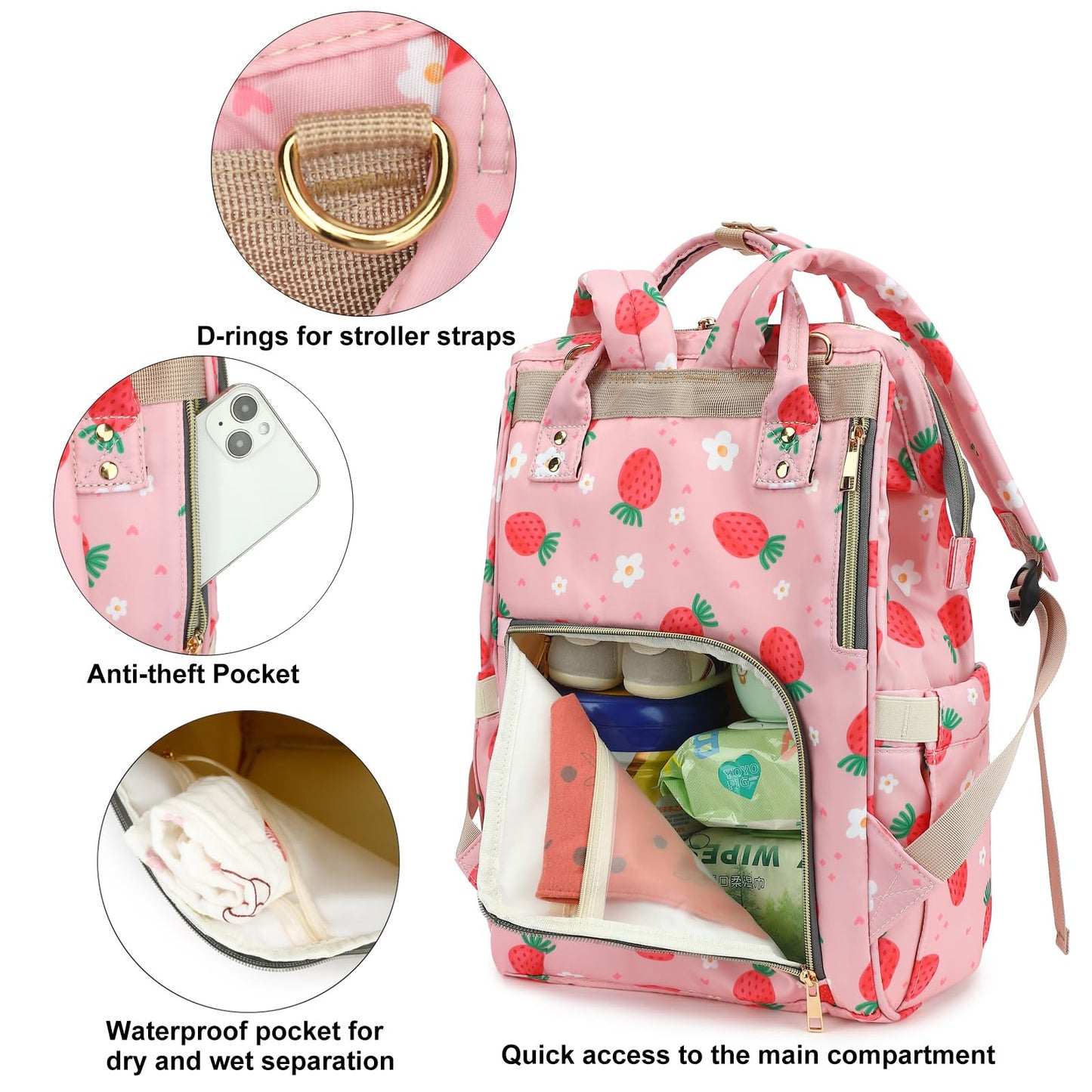Xunteny Strawberry Baby Diaper Bag Backpack For Girls Boys, Waterproof Large Maternity Nappy Bags For Mom