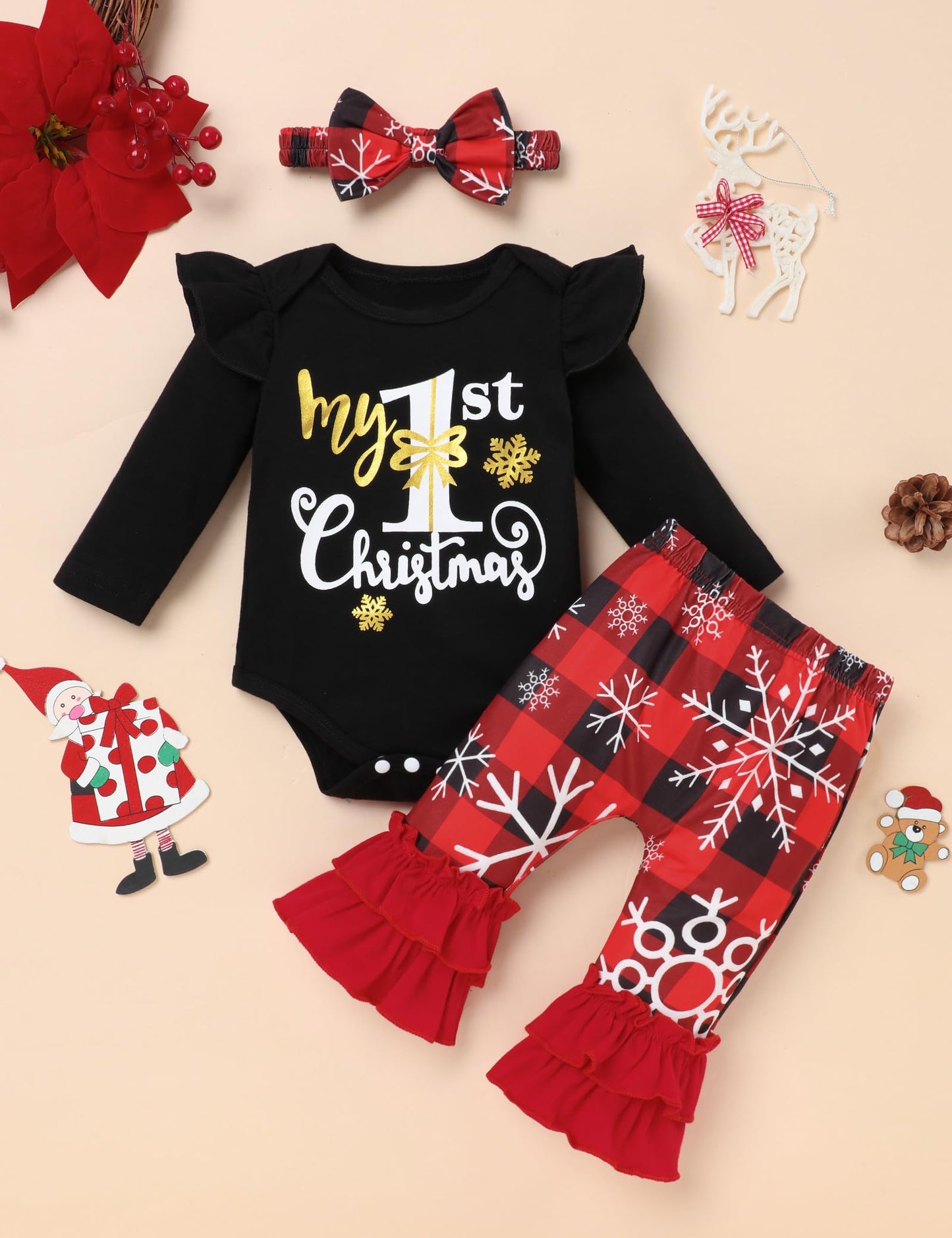 Perdeca My First Christmas Baby Girl Outfit My 1St Christmas Romper Merry Christmas Flare Pant Baby Girl Christmas Outfit