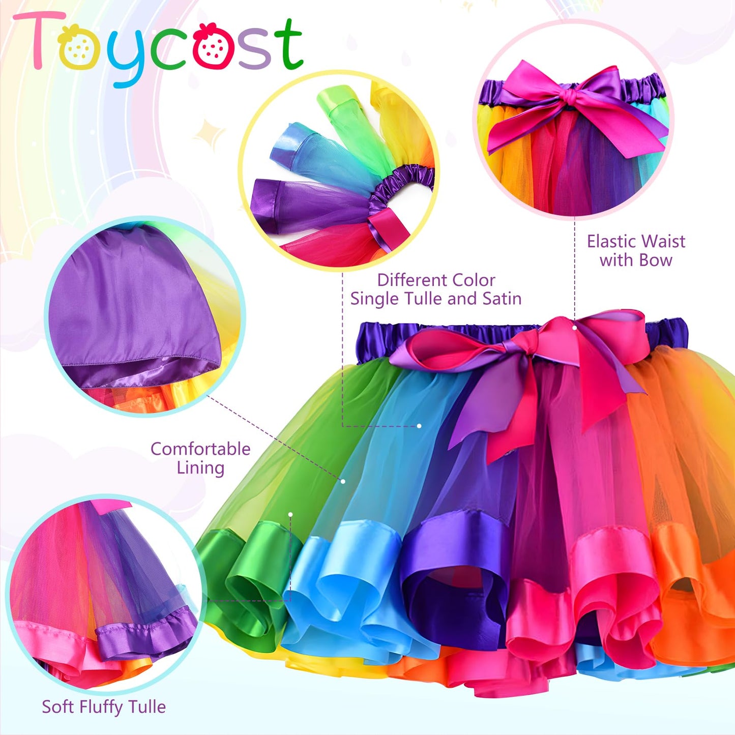 Layered Rainbow Tutu Skirt Costumes Set With Hair Bows Clips And Satin Sash For Girls Birthday Party Dress Up