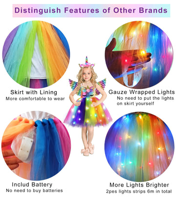 Unicorn Birthday Party Decorations Dress For Girls Gifts For 5 6 Years Old Led Light Up Princess Costume Halloween Christmas Out
