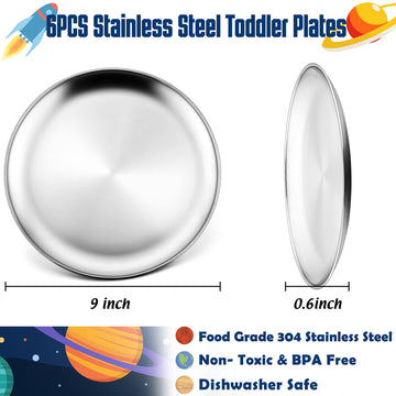 Haware 6-Piece 18/8 Stainless Steel Plates, Metal 304 Dinner Dishes For Kids Toddlers Children, 9 Inch Feeding Serving Camping P