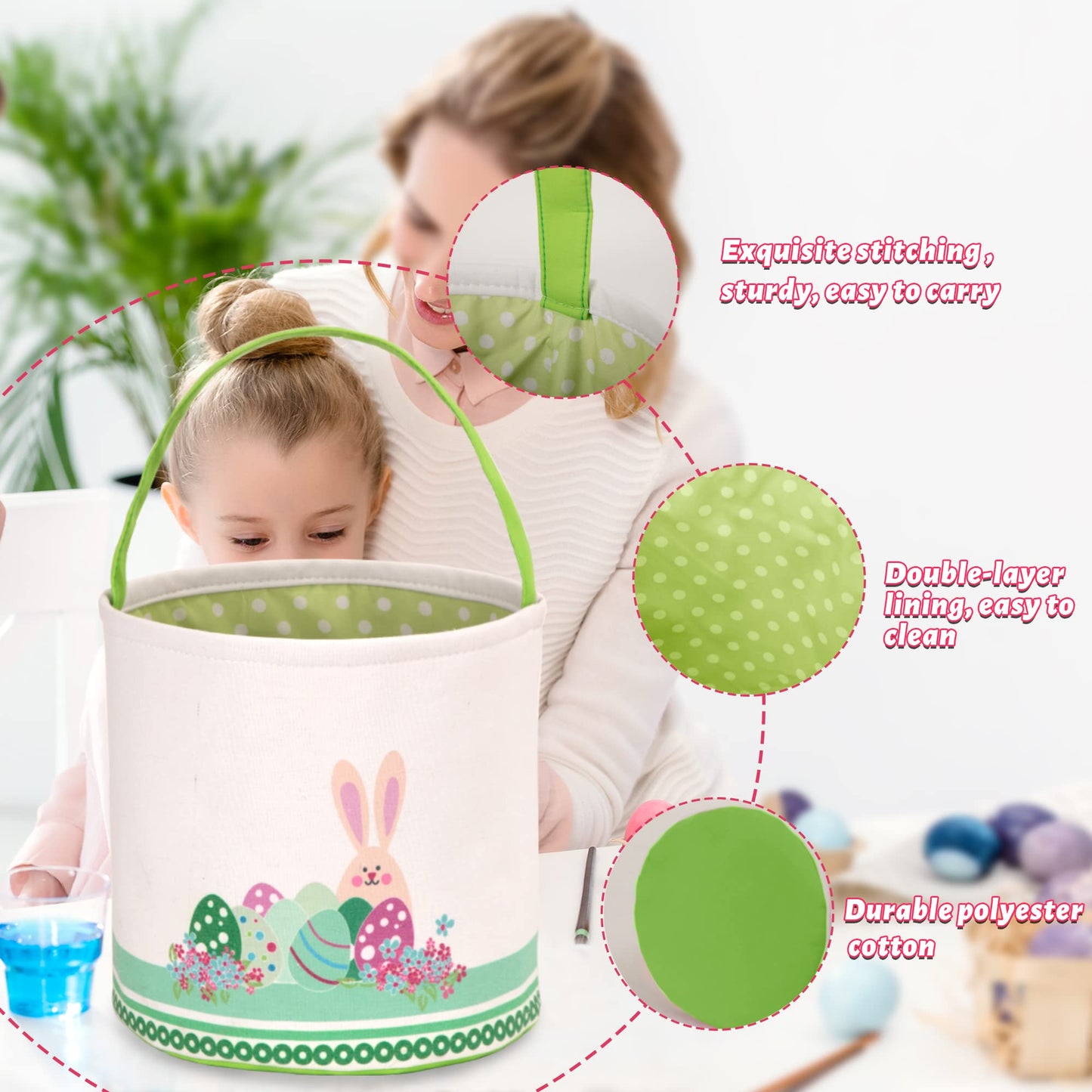 Lessmo 2 Pcs Easter Bunny Basket Easter Egg Buckets, Blue Pink Cute Personalized Canvas Cotton Tote Bags Egg Hunt Basket For Eas