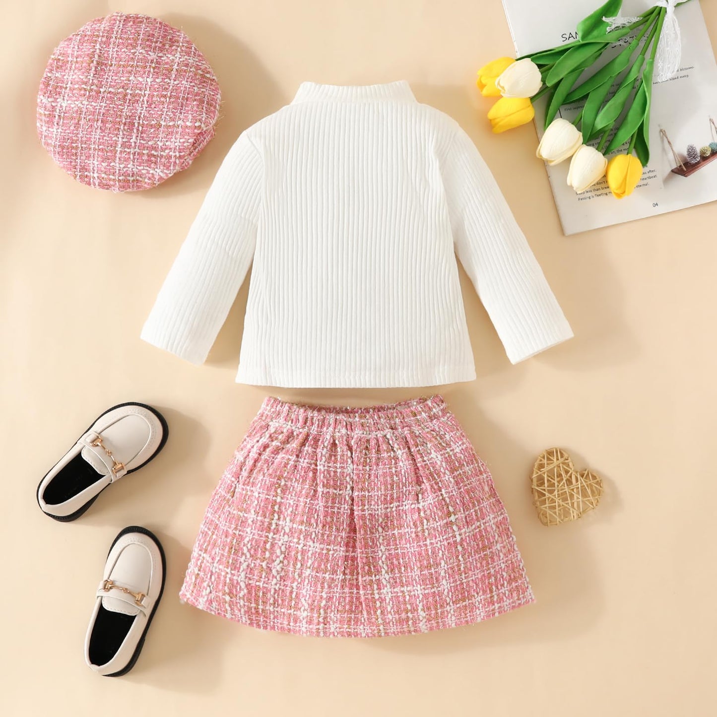 Visgogo Toddler Girl Skirts Outfit Ribbed Long Sleeve Tops Plaid Tweed Pattern Skirt Beret Fall 3Pcs Clothes (Pink, 12-18 Months