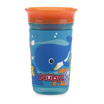Nuby 360 Degree Easy Sip 3D Grip Wonder Cup With Printed Silicone Sleeve, 10 Oz, Whale