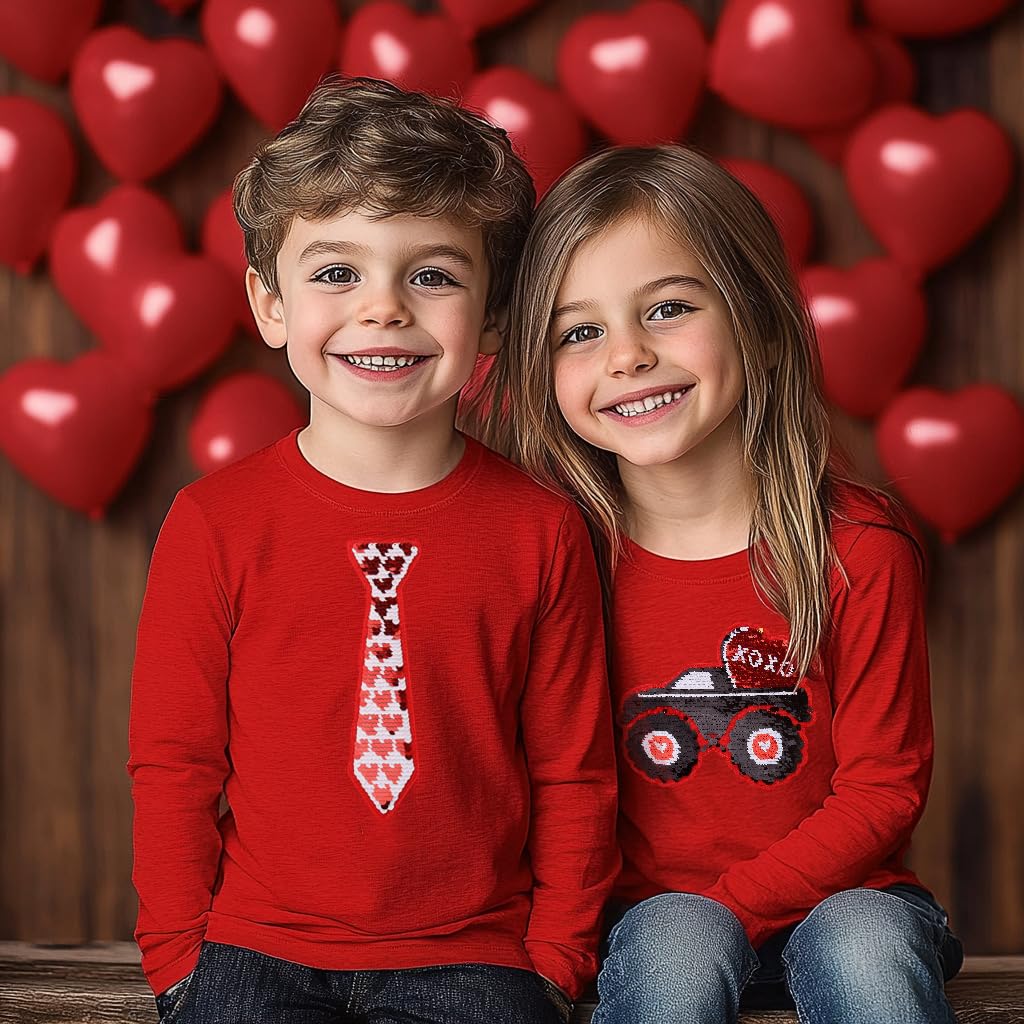 Toddler Boys T-Shirt Valentine'S Day Shirt Flip Sequin Monster Truck Heart Tops Kids Long Sleeve Baby Tees 2T