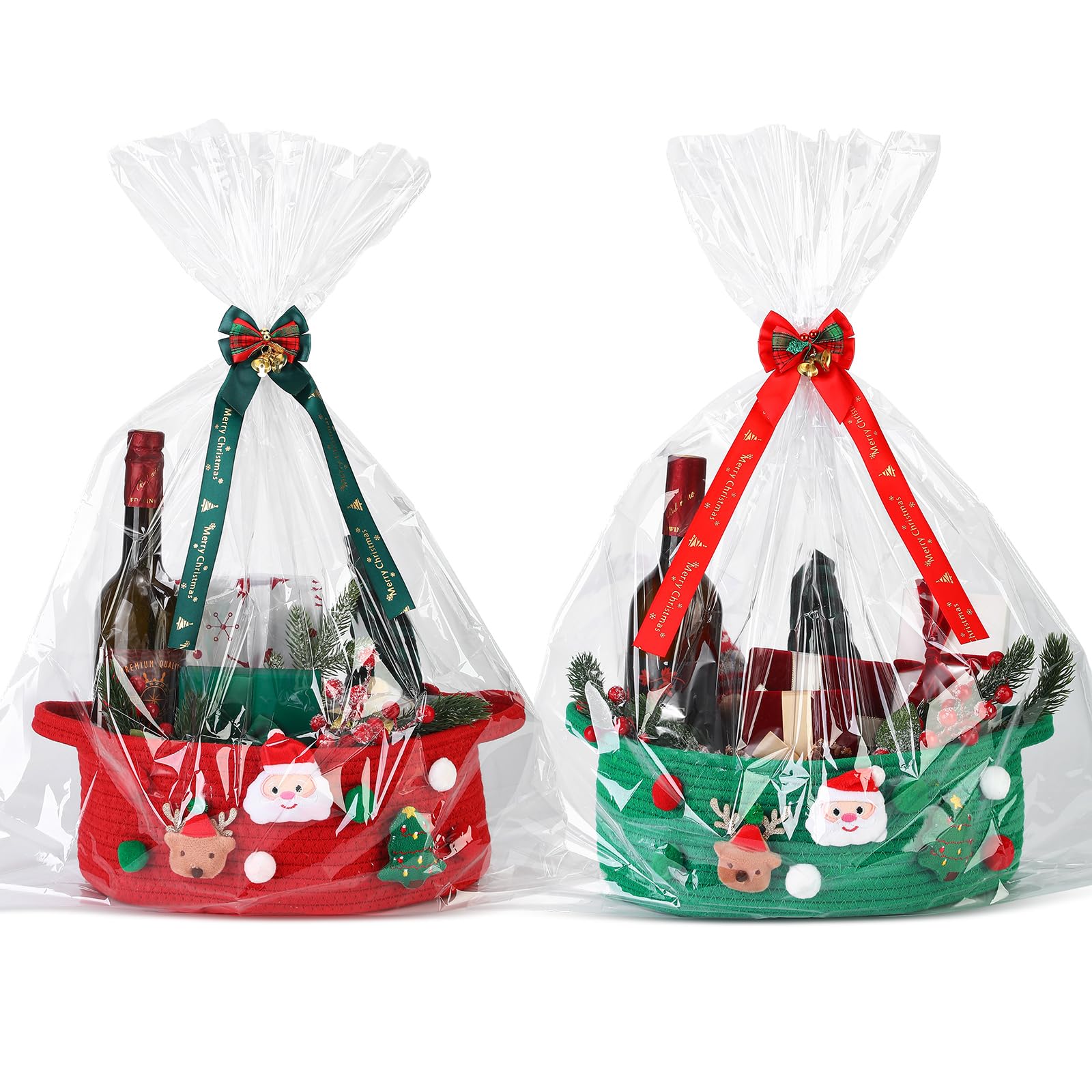 Honeydak 2 Set Christmas Gift Basket with Cellophane and Bow Ribbon Empty Santa Deer Tree Christmas Woven Basket with Handle for