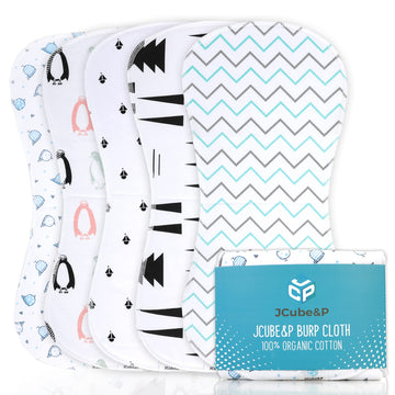 JCube&P Baby Burp Cloth - Organic Cotton & Fleece Burp Clothes - Soft & Absorbent Curvy Burp Rags - Cute 5-Pack Contoured Set Bu