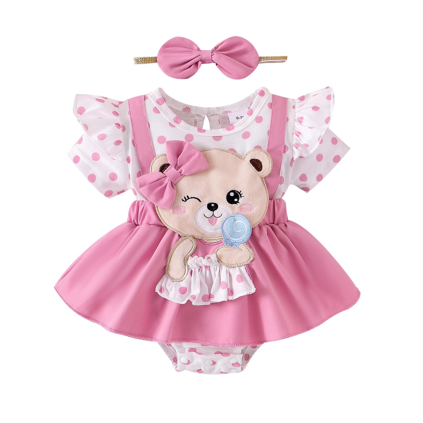 Kavousa Baby Girl Summer Outfits Bear Short Sleeve One-Piece Jumpsuit With Headband Set Newborn Infant Girl Clothes (DOT Pink, 6