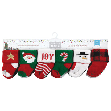 Hudson Baby Unisex Baby Cotton Rich Newborn And Terry Socks, 12 Days Of Christmas Santa, 12-24 Months