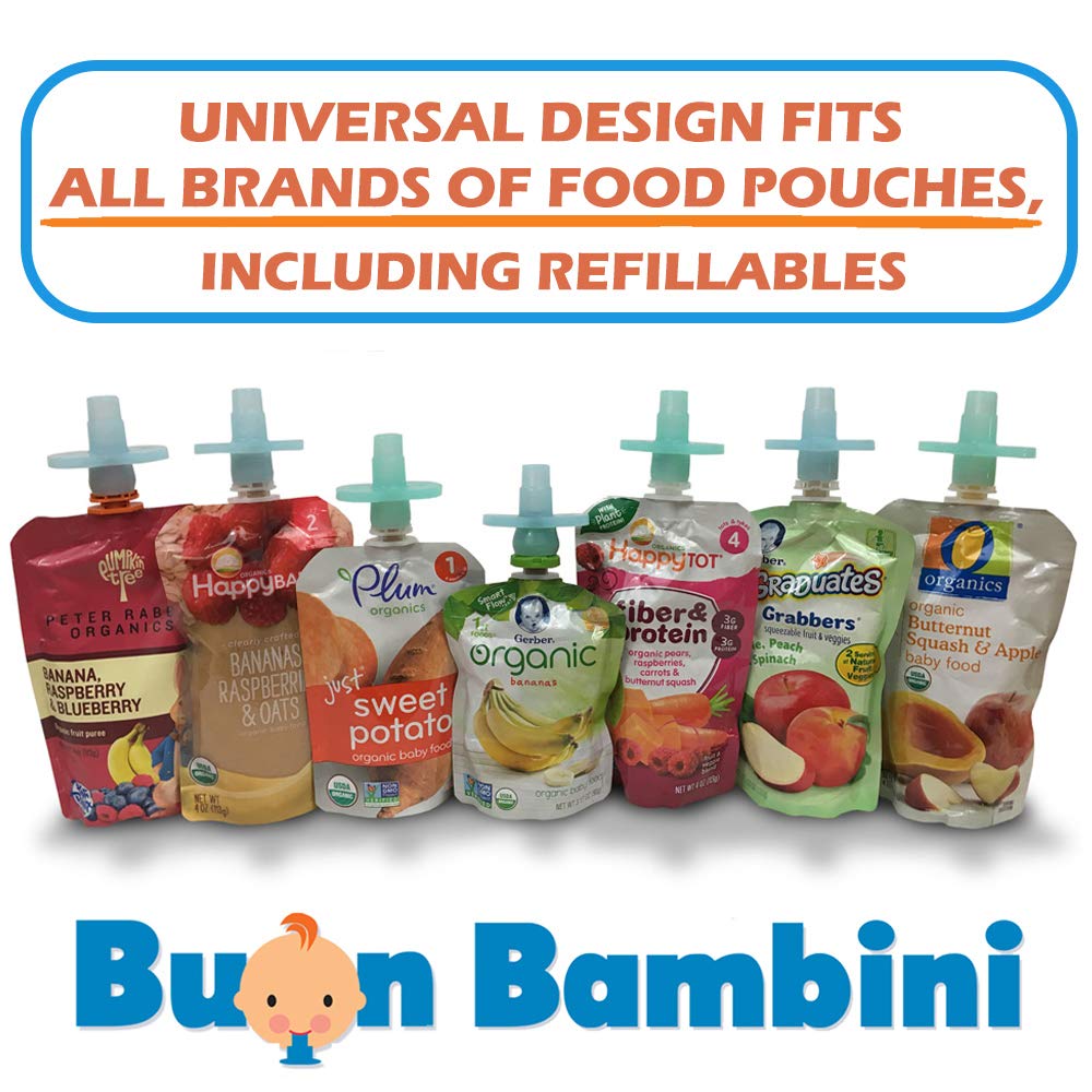 Buon Bambini Soft Sip Baby Food Pouch Toppers, 100% Silicone, Aqua/Blue, 4 Pack, Ideal For Homemade/Chunkier Baby Foods