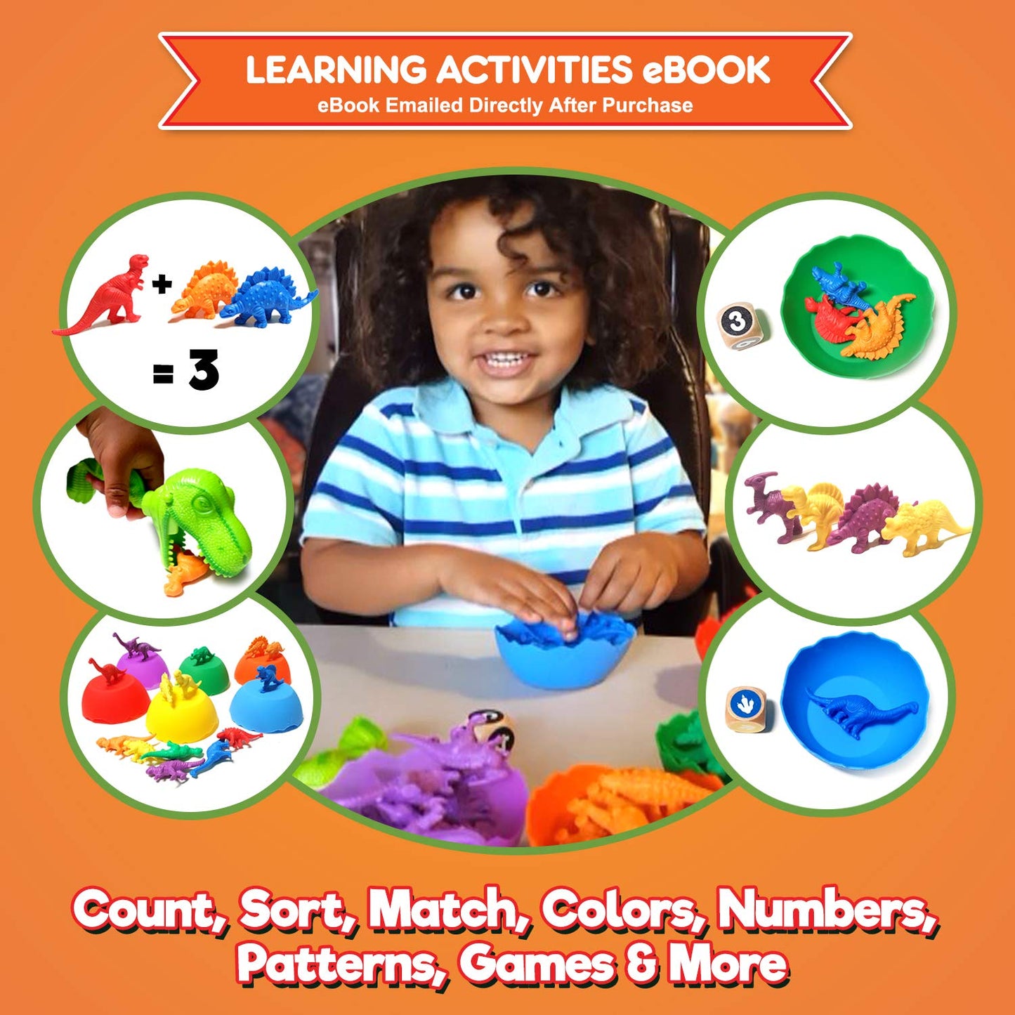 Jumbo Sorting & Counting Dinosaurs Matching Game - Educational Dinosaur Toys for 3 4 5 Year Olds with 54 Math Manipulatives, Din