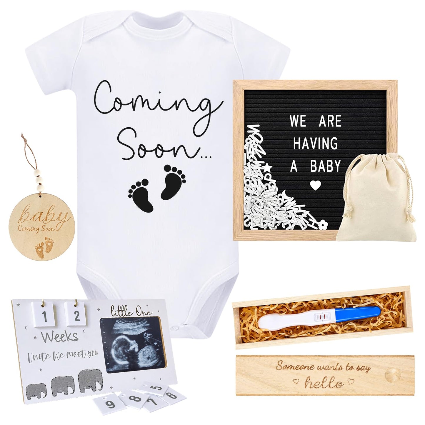 AryiHitt Pregnancy Reveal Kit Ideas Include Felt Letter Board Sonogram Picture Frame Baby Bodysuit Pregnancy Test Keepsake Woode