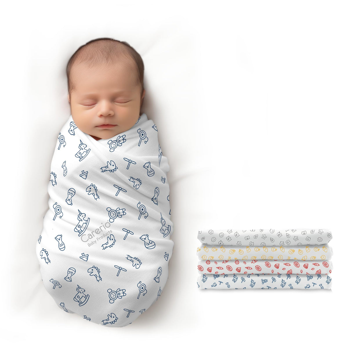 CARERIO 100% Mulmul Baby Swaddle Set, Pack of 4, Printed Breathable & Anti Allergic Swaddle Wrap for New Born Baby, Size114cm x