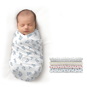 CARERIO 100% Mulmul Baby Swaddle Set, Pack of 4, Printed Breathable & Anti Allergic Swaddle Wrap for New Born Baby, Size114cm x