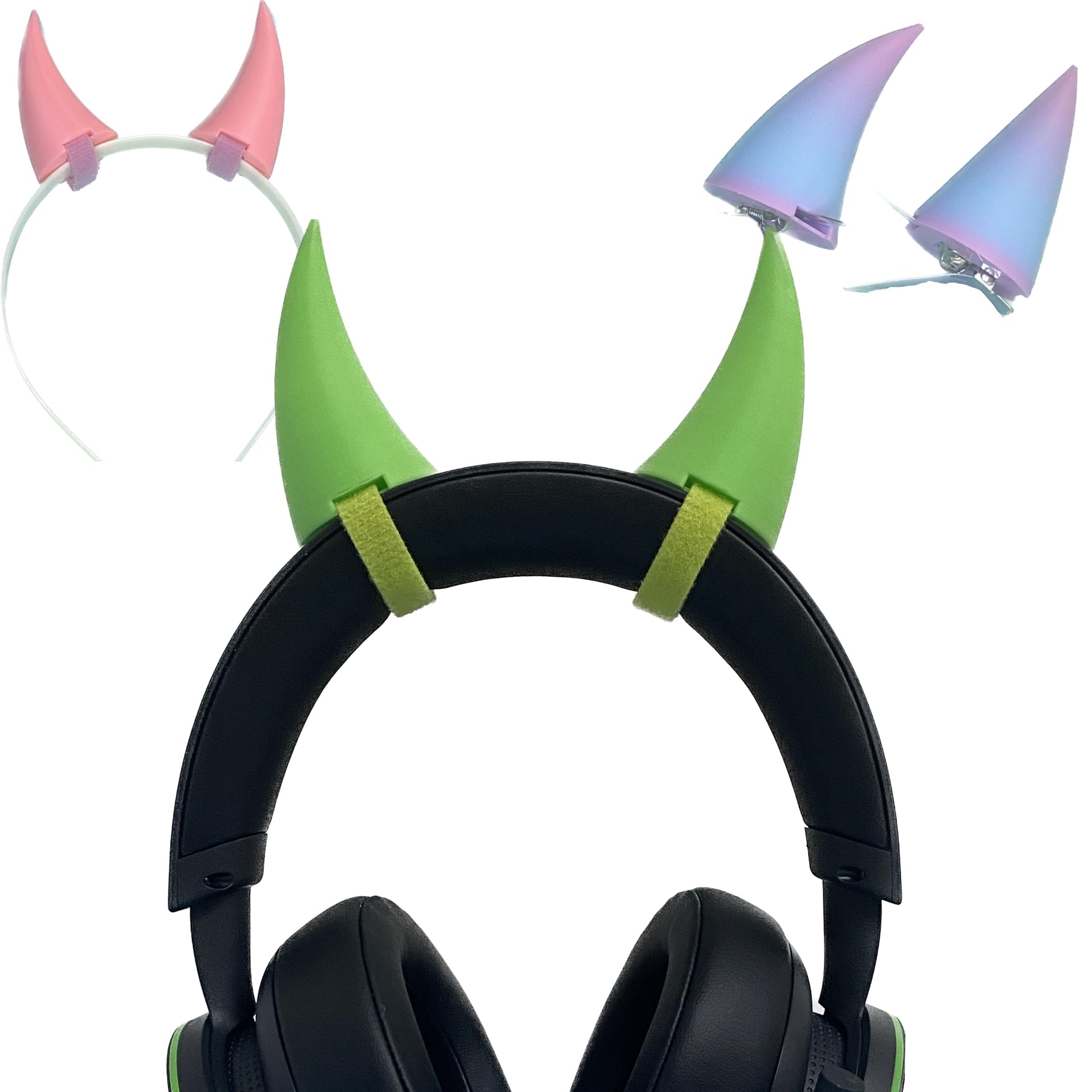 2X Demon Horns For Headset/Cosplay - Made In Usa -16 Colors Combos (Green Light)