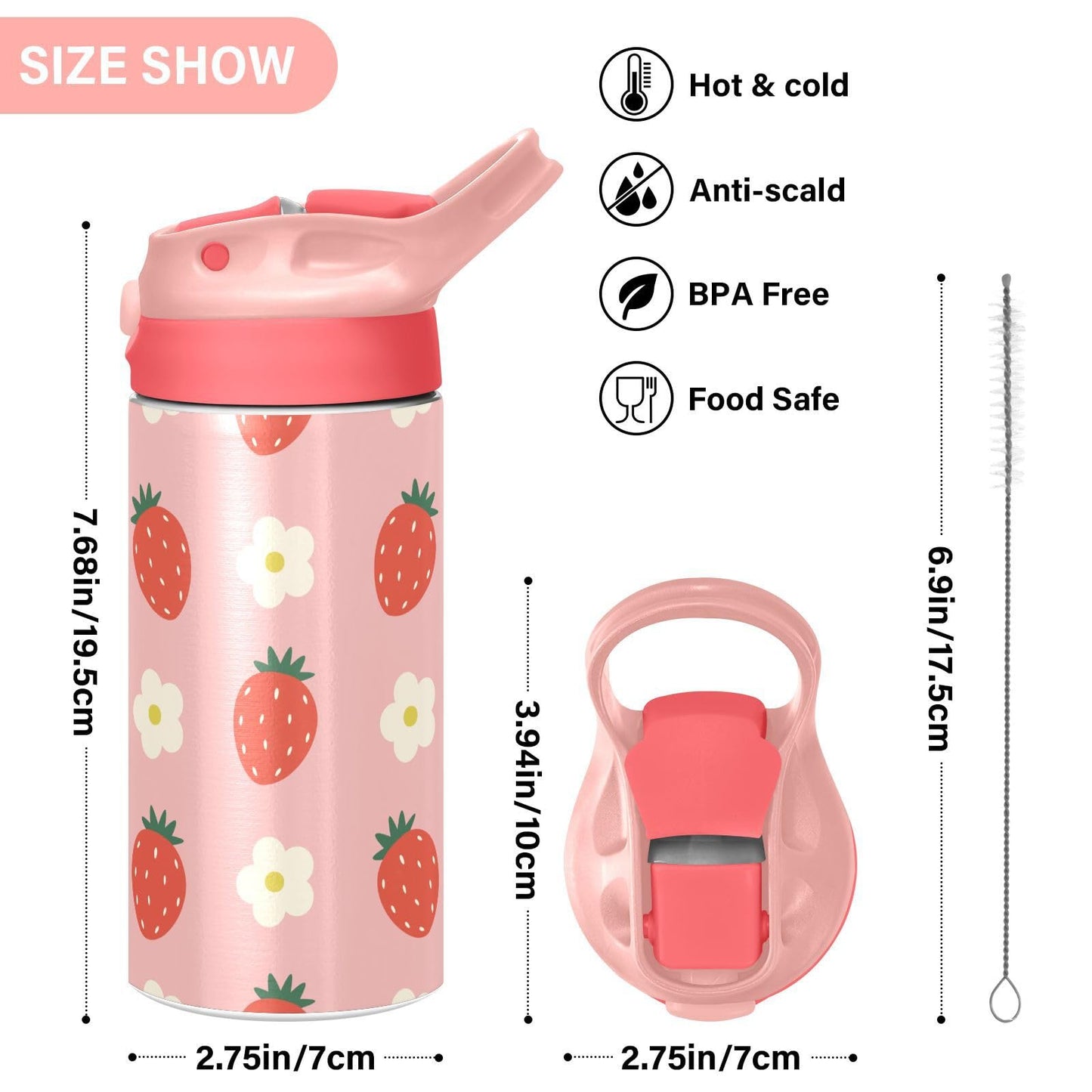 Strawberry Flowers Cute Girls Water Bottle With Straw And Carry Handle Pink Vacuum Insulated Stainless Steel Bottles Leak-Proof