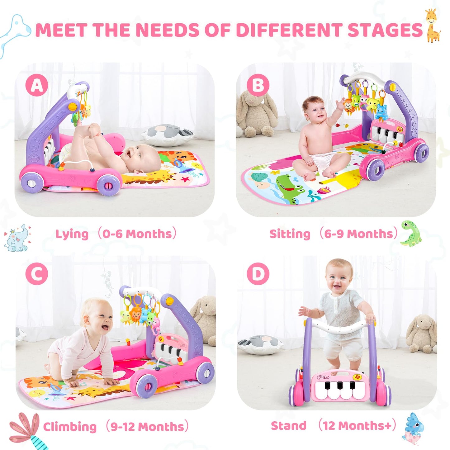 4-In-1 Baby Gym Play Mat With Learning Walker, Tummy Time Mat & Baby Push Toys For Newborn Infant 0-3-6-9-12 Month Boy Girl, Bab
