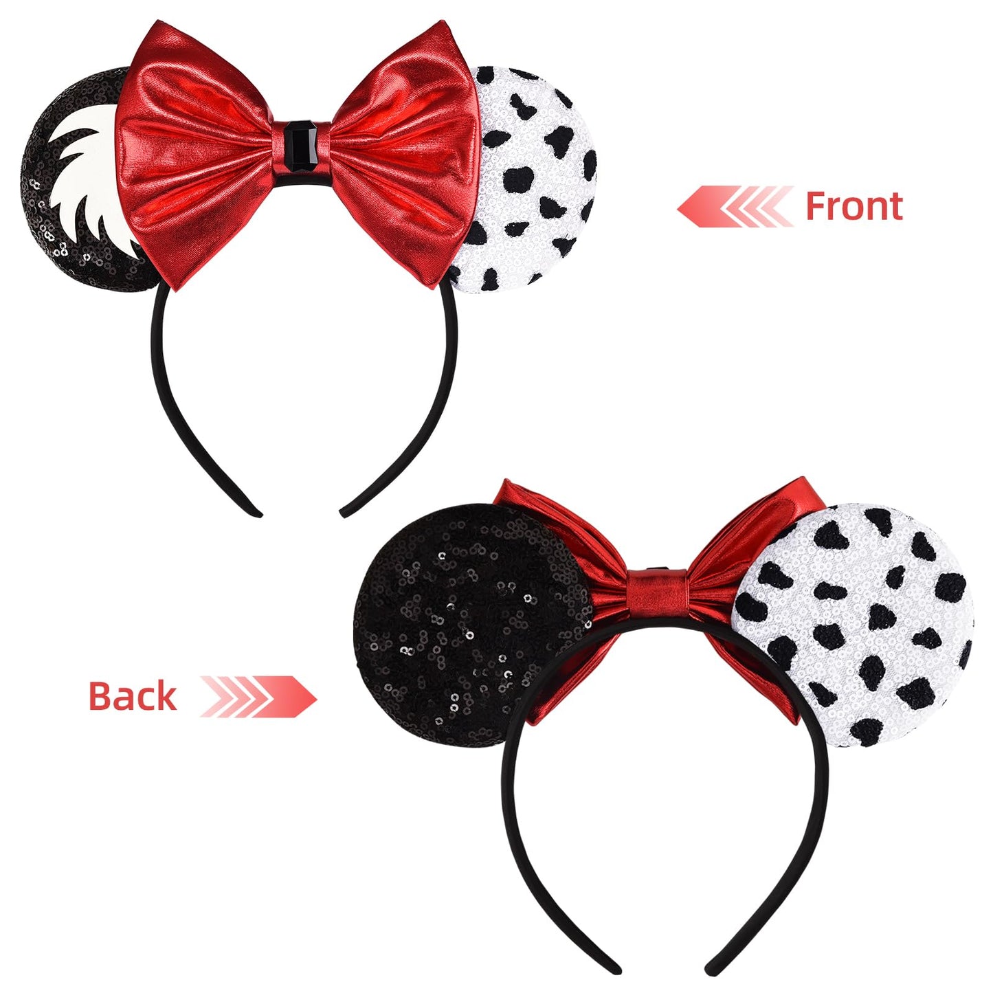 Seamoy Sequin Minnie Ears, Cruella Mouse Ears Headband, Black & White Cruella Devil Costume Hair Accessory For Women & Girls