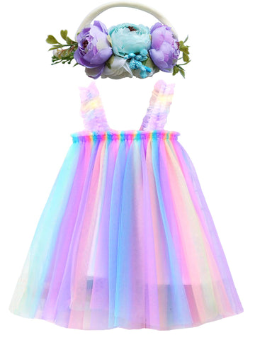 Bgfks Layered Tulle Tutu Dress For Toddler Girls,Baby Girl Rainbow Tutu Princess Skirt Set With Flower Headband.(Purple Rainbow,