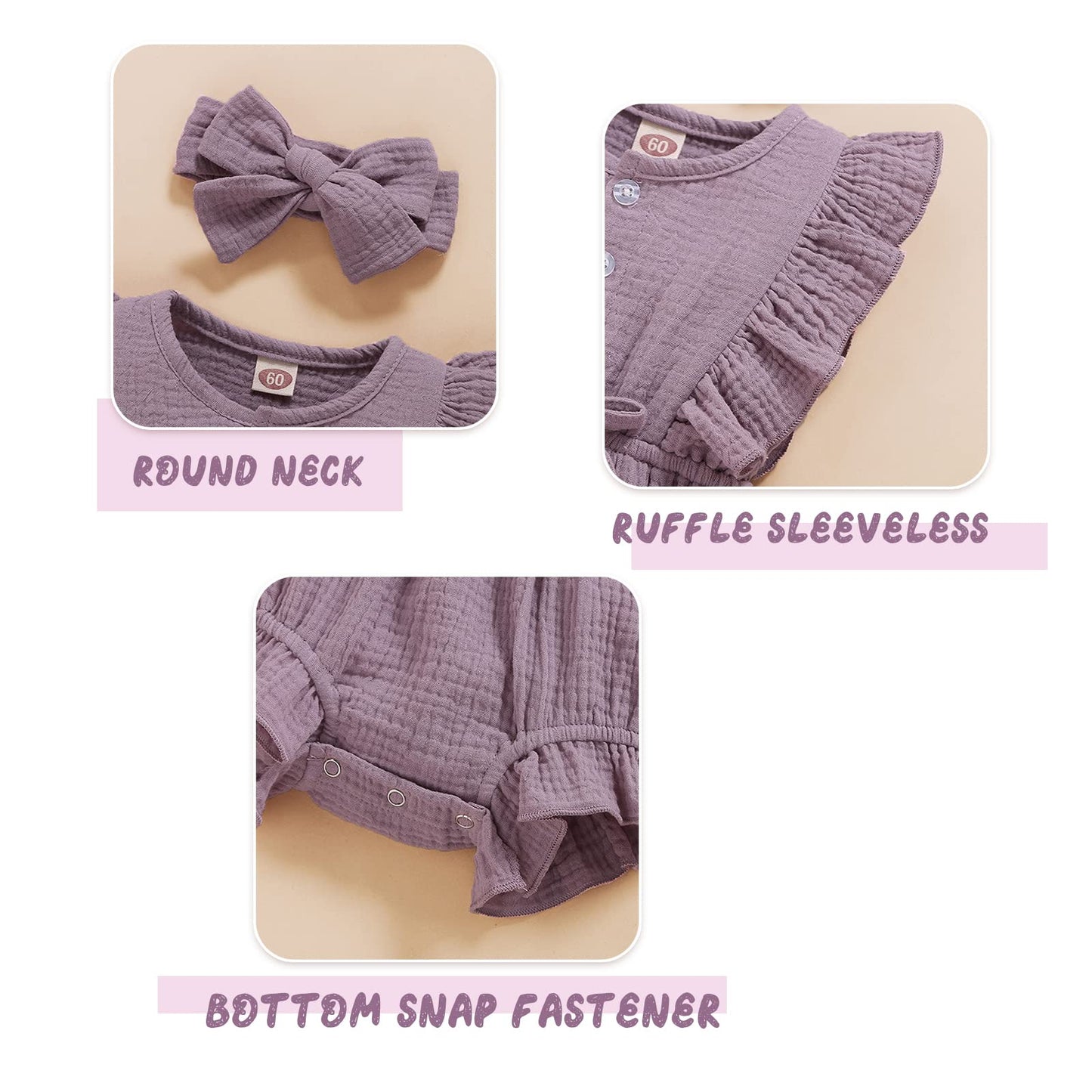 Younger Tree Toddler Baby Girl Ruffled Sleeveless Romper Casual Summer Jumpsuit Cotton Linen Clothes (Button-Purple, 6-12 Months