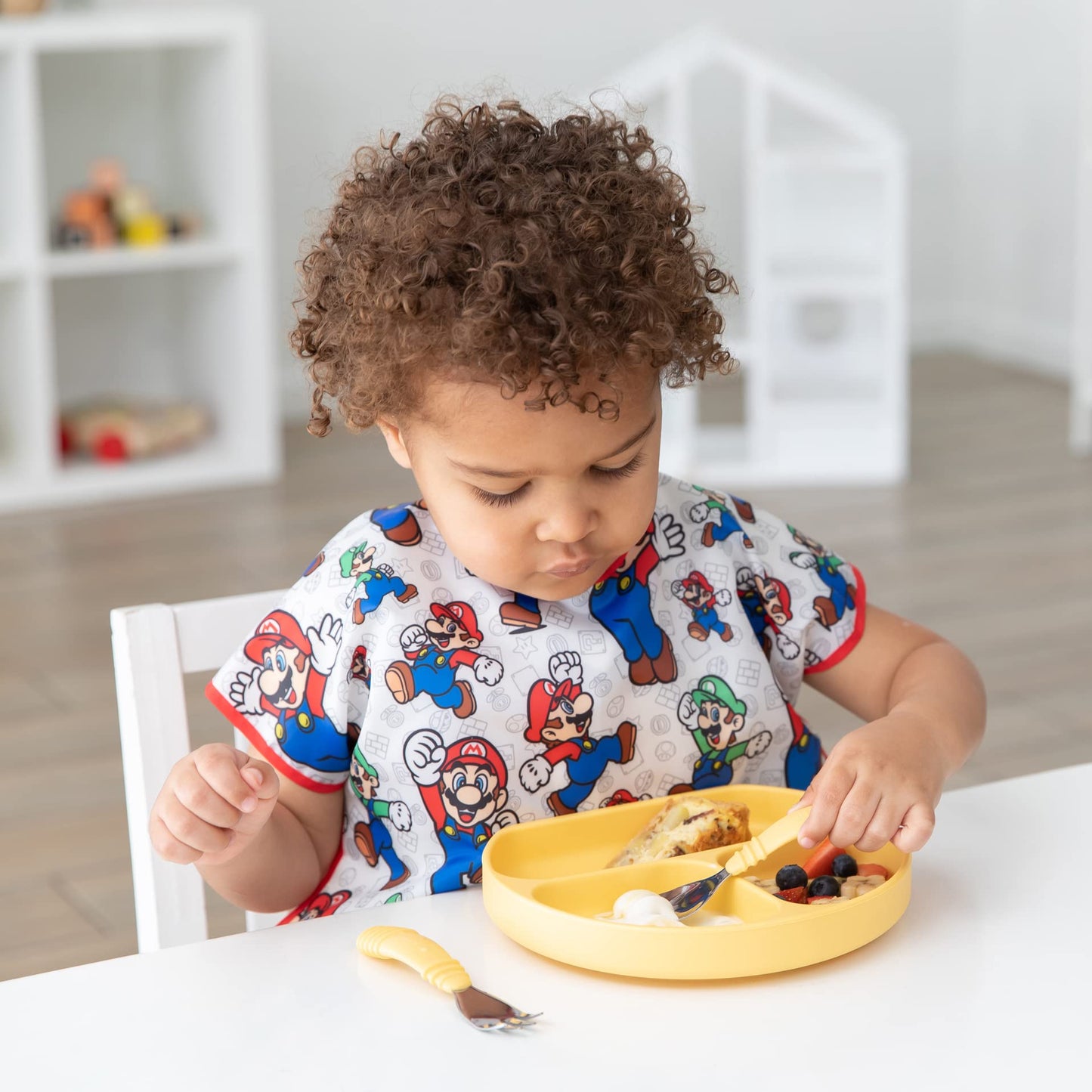 Bumkins Junior Bib, Short Sleeve Toddler Bib, Smock For Kids 1-3 Years, Waterproof Fabric, Nintendo Mario & Luigi