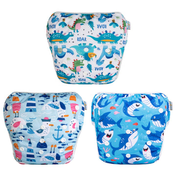 Babygoal Baby Boy Swim Diapers 3 Pack For 0-8 Months Infant, Reusable Adjustable Washable For Swimming Lessons-Dinosaur,Shark,Fi
