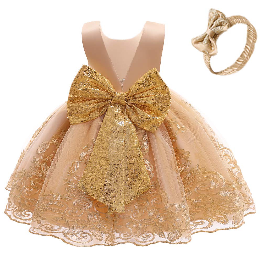 Baby Girls Embroidery Lace Dresses Toddler Ruffles Infant Easter Tutu Birthday Dress With Headwear (Golden,70)