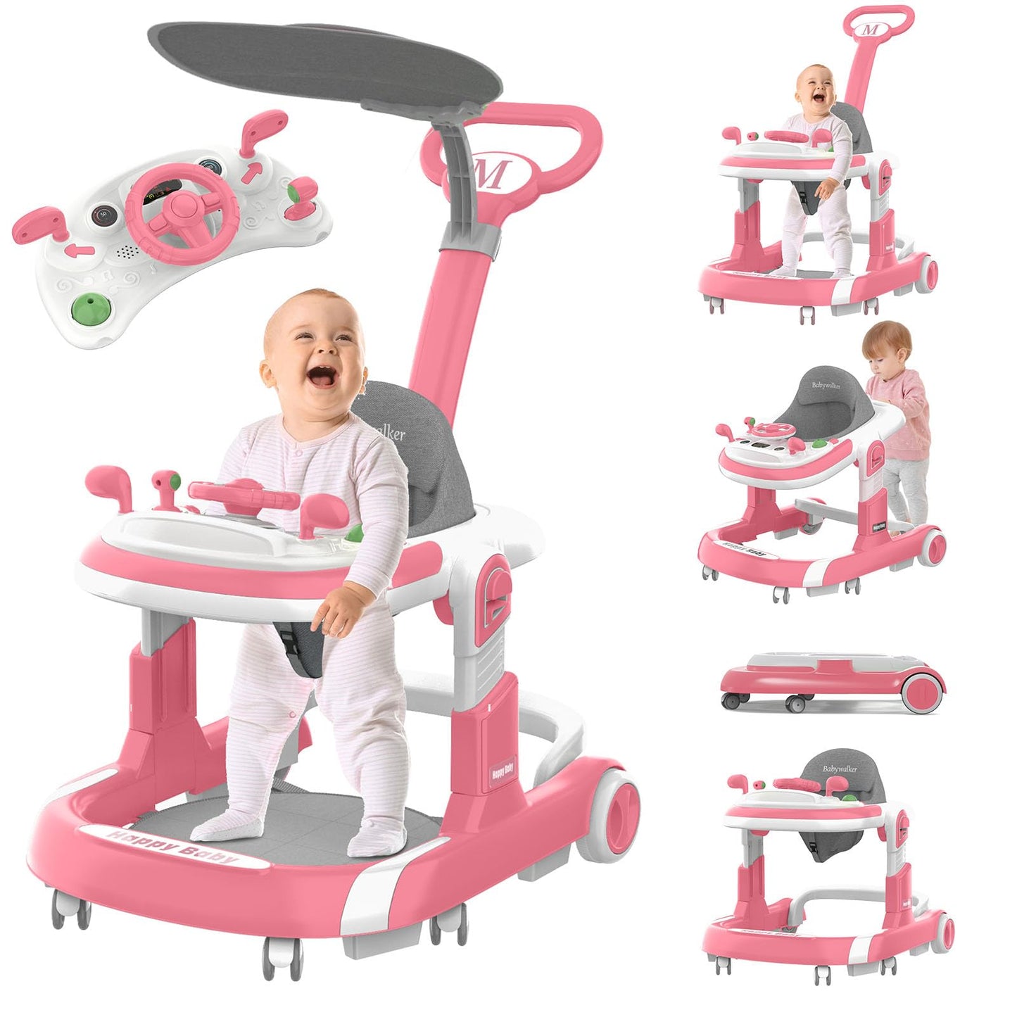 Baby Walker, 5 Modes Foldable Baby Walker with Wheels, Music, 4-Height Baby Toddler Walker with Push Handle, Activity Center, Fo