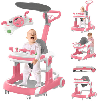 Baby Walker, 5 Modes Foldable Baby Walker with Wheels, Music, 4-Height Baby Toddler Walker with Push Handle, Activity Center, Fo