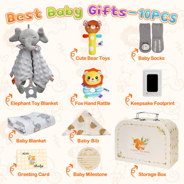Newborn Baby Gift Basket, 10 Pcs Welcome New Baby Gift Baskets For Baby Boys Baby Girls, Quality & Cute & Funny Neutral Baby Ess