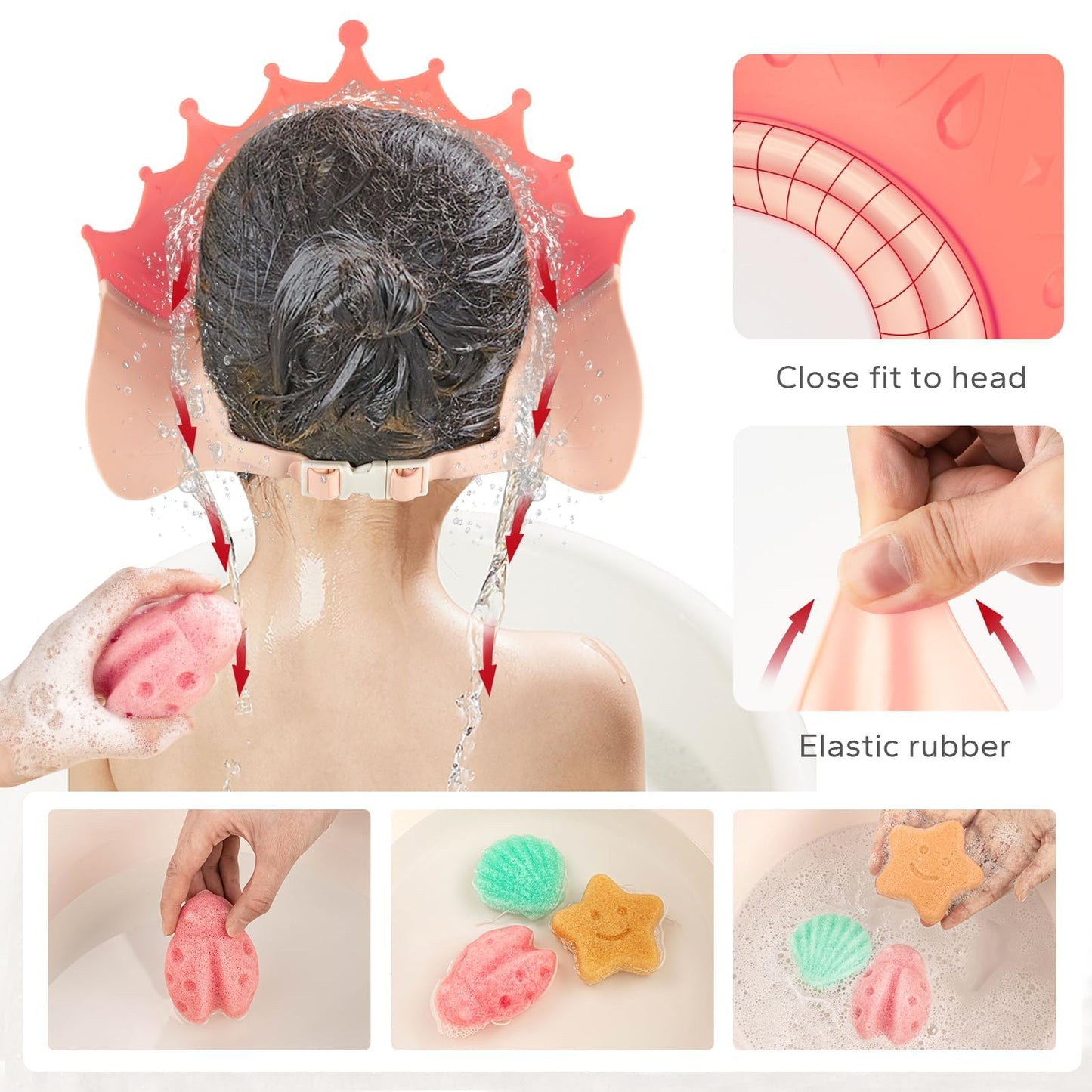 Funupup Baby Shower Cap For Kids With Baby Bath Sponge Adjustable Bath Visor For Toddlers Baby Hair Washing Shield With Baby Spo