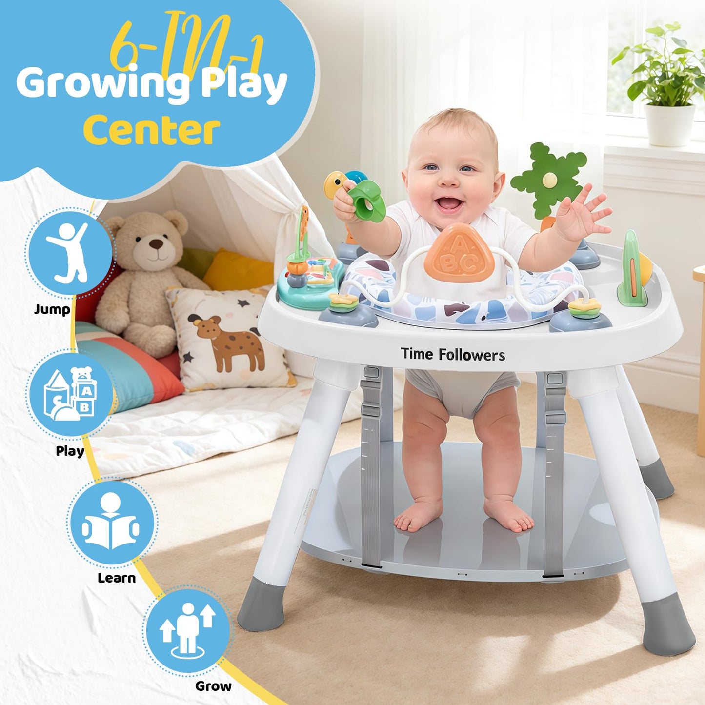 Time Followers 4-in-1 Baby Activity Center | 3 Stage Grow Stationary Standing Toddler Play Table | Tummy Time,Exersaucer, Jumper