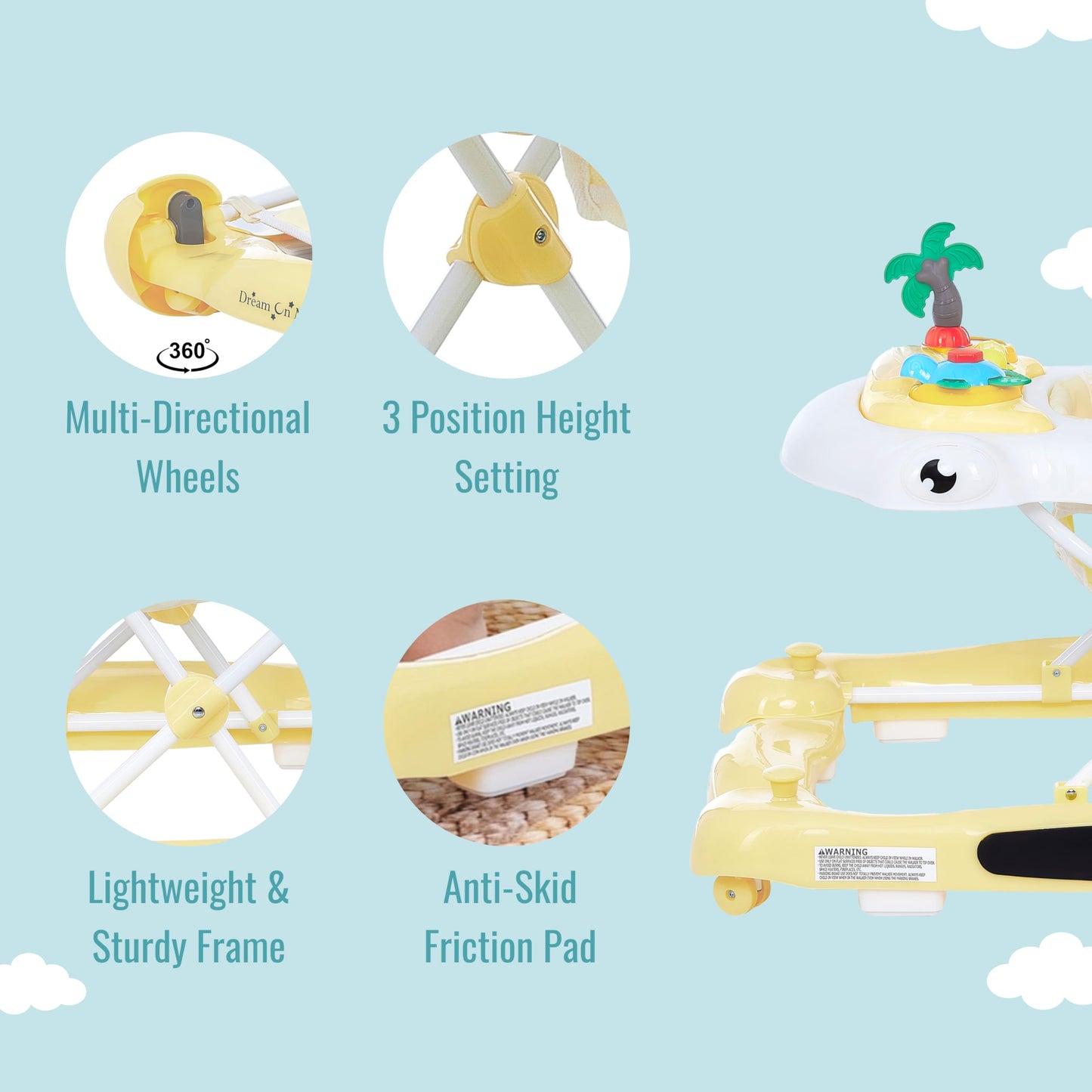 Dream On Me 2-In-1 Aloha Fun Baby Walker In Yellow, Easily Convertible Baby Walker, Adjustable Three Position Height Settings, E