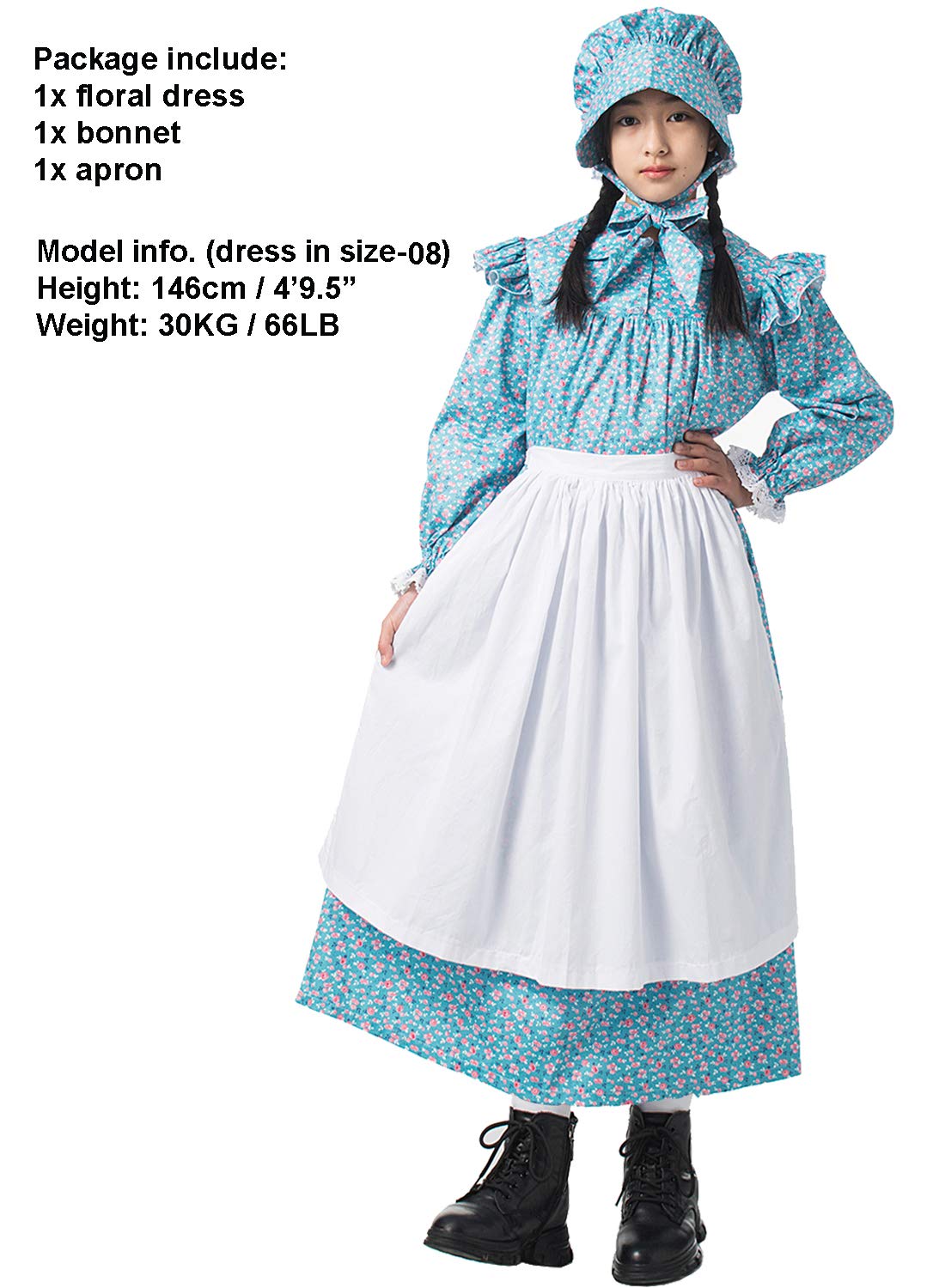 Graceart Pioneer Girls Dress Colonial Prairie Costume 100% Cotton (6 Colors Option) (Us-8, Blue)