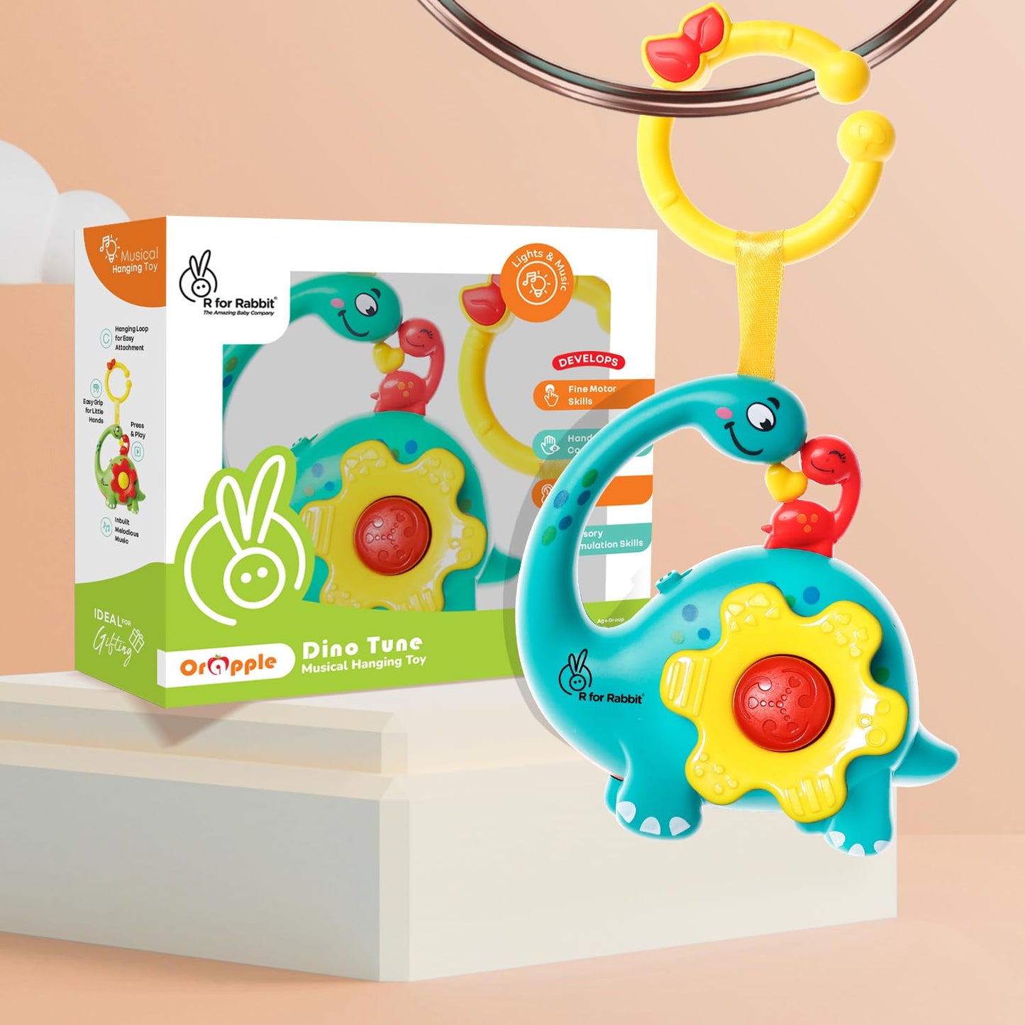 R For Rabbit Orapple Dino Tune Musical Hanging Toy For Baby With 4 BuiltIn Tunes, Press & Play Mode, Attachable To Stroller, Cr