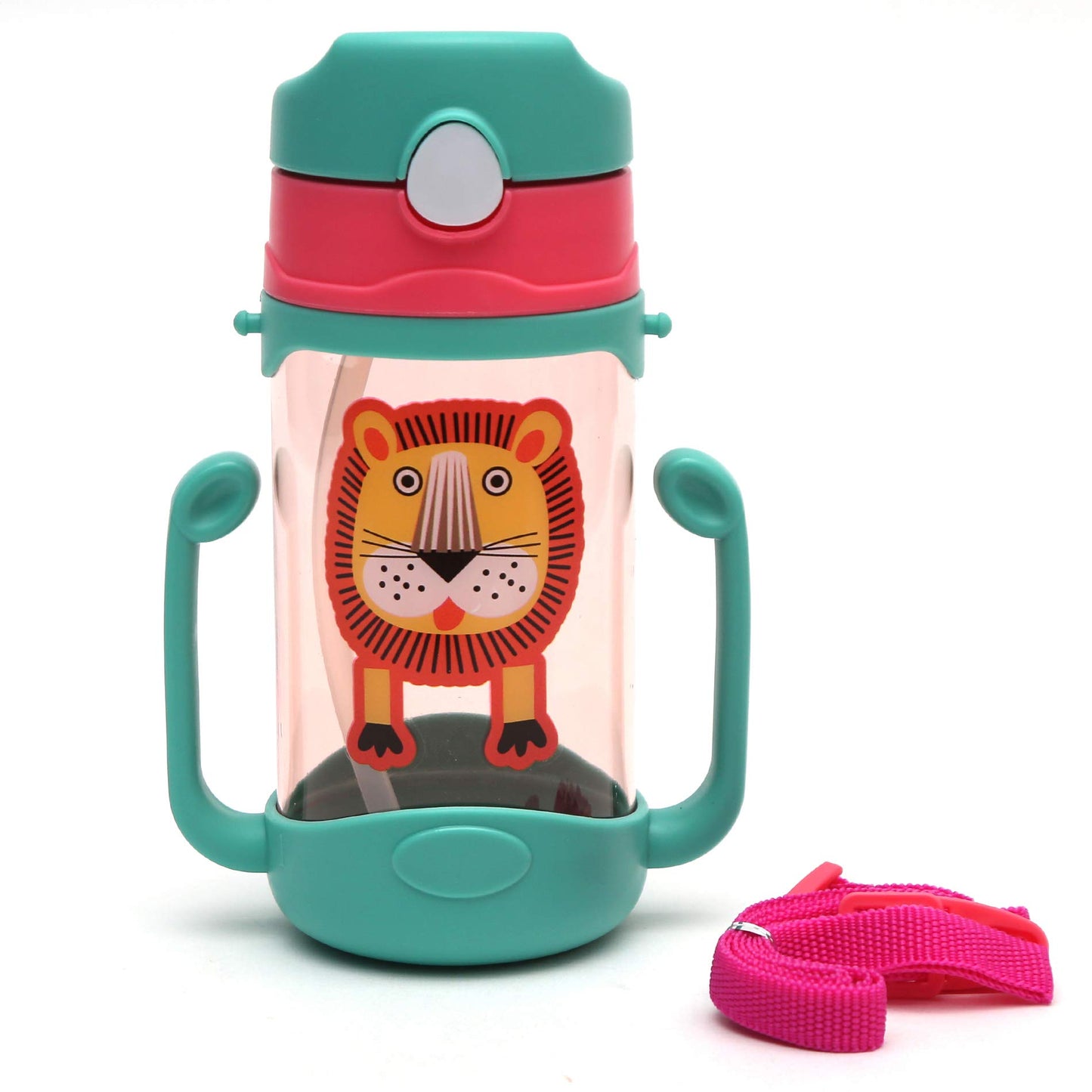 Koochie-Koo Plastic One Touch Open Cute Lion Printed Handy Transparent Sippy Cup Bottle With Handle, Straw And Strap For Kids, W