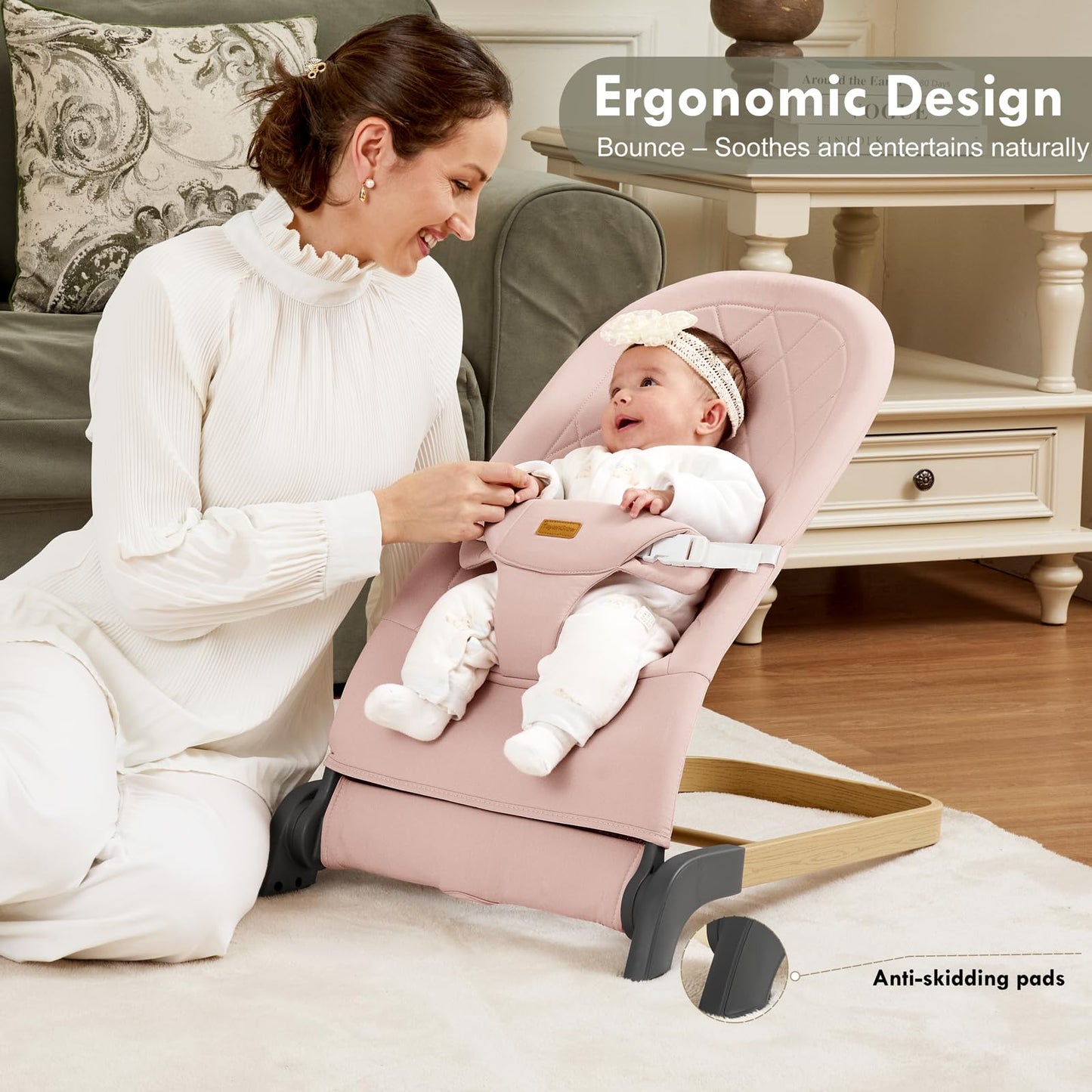 Foldable Baby Bouncer, Baby Bouncer Seat With 3 Adjustable Heights, Portable Newborn Rocker, Ergonomic Bouncer Seat For Natural