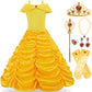 Funna Princess Costume Layered Dress Off Shoulder For Girls Dress Up With Accessories Yellow, 3-4T